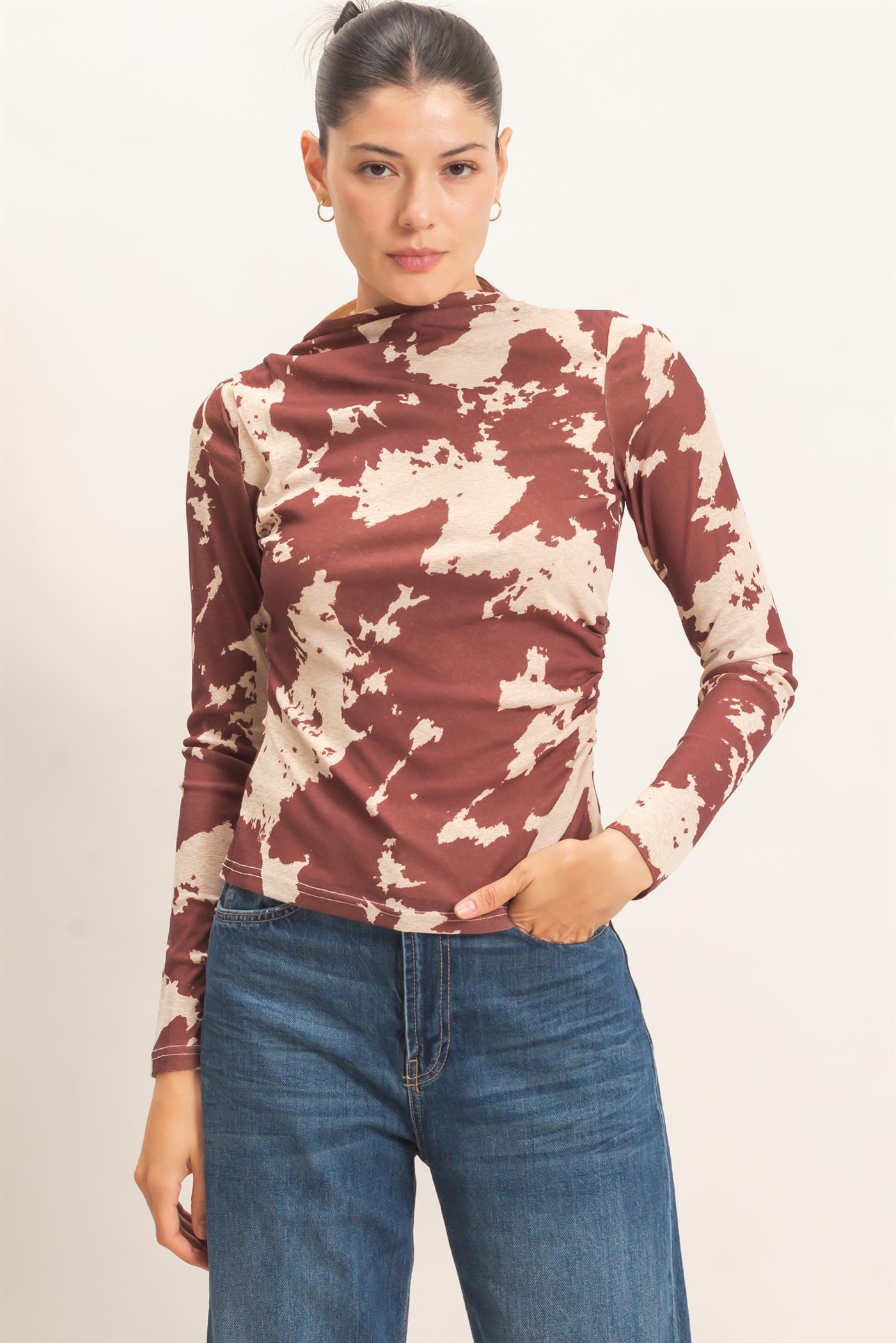Wholesale Asymmetrical Cow Print Top Clothing Tops HF26E799 BROWN HYFVE