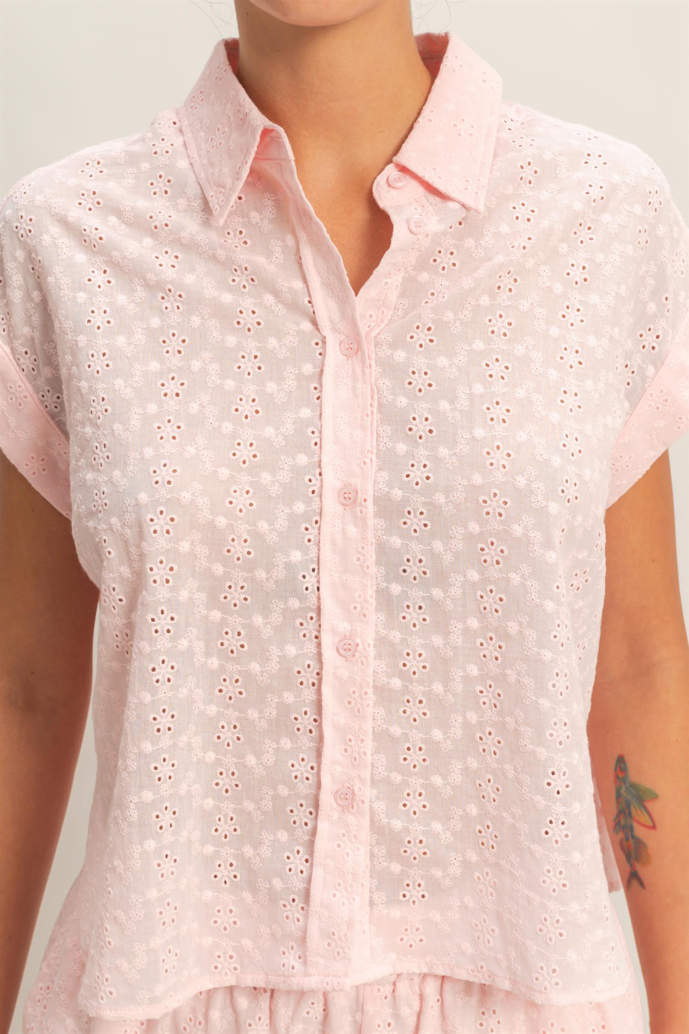 Wholesale Eyelet Dolman Short Sleeve Button Up Shirt Clothing Tops DZ26C088 SOFT PINK DOUBLE ZERO