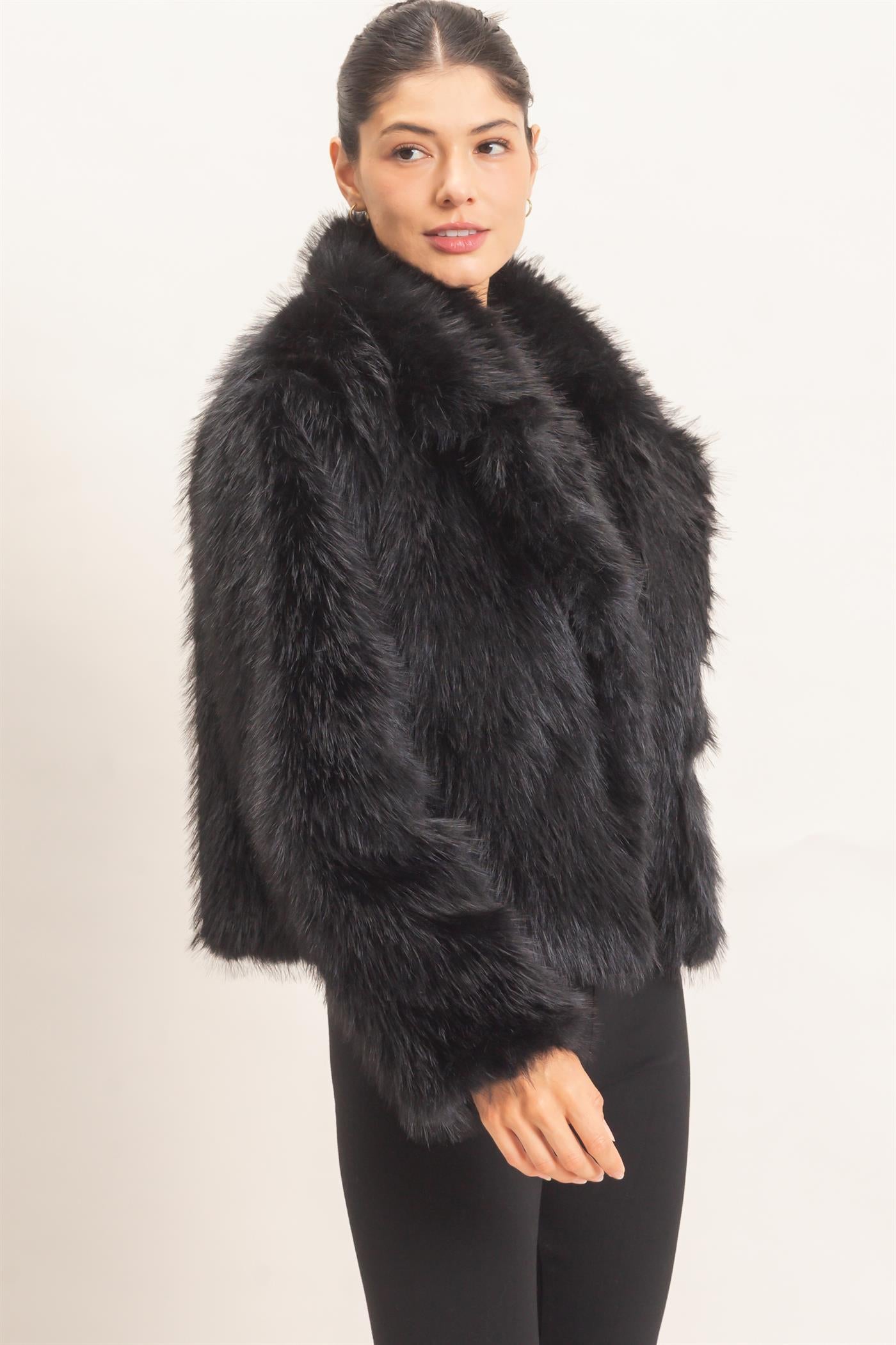 Wholesale Shawl Collar Faux Fur Jacket Outerwear HF26F207-D BLACK HYFVE