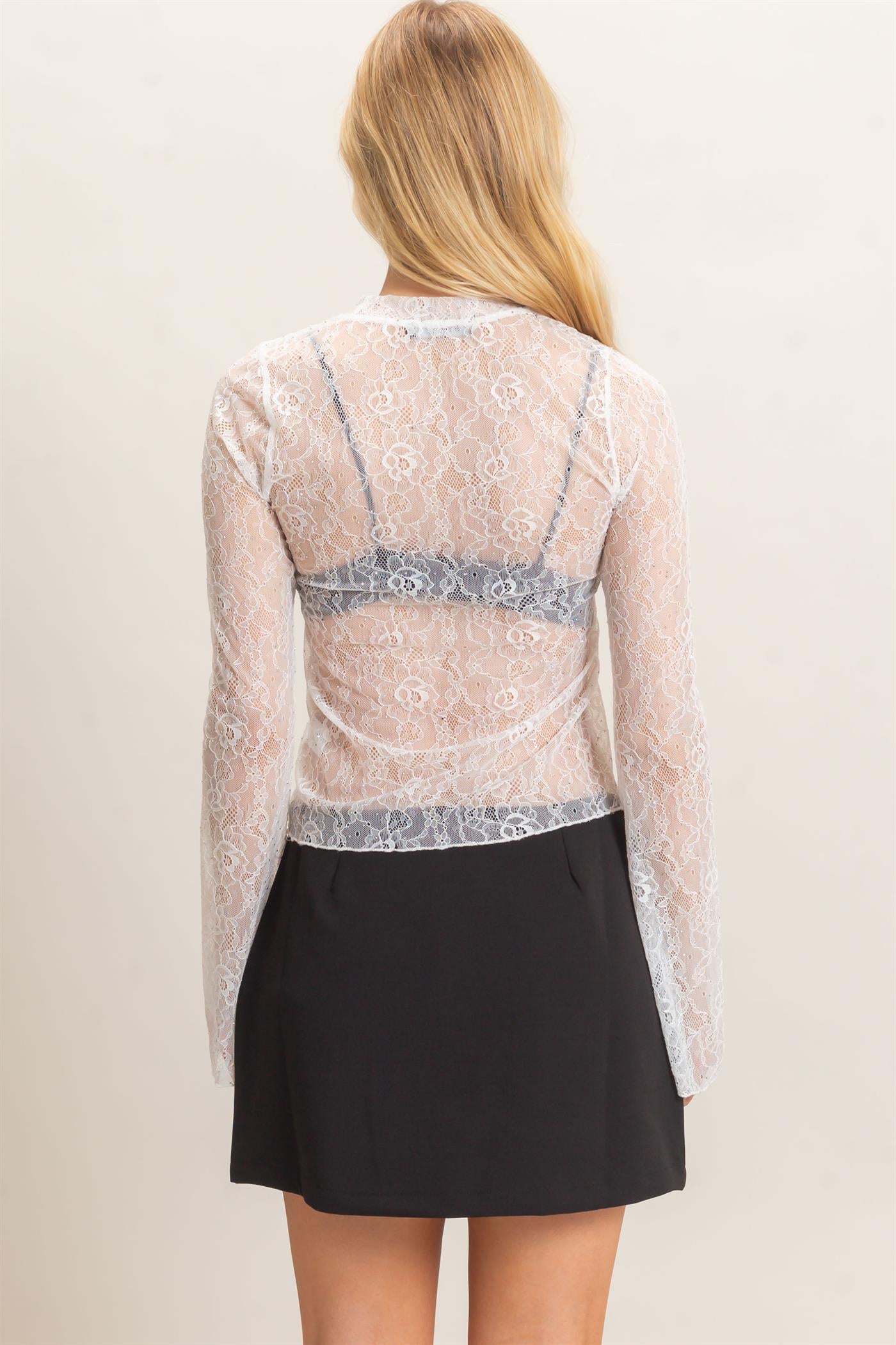 Wholesale Sheer Lace Gem-Embellished Top Clothing Tops HF26F055 WHITE HYFVE