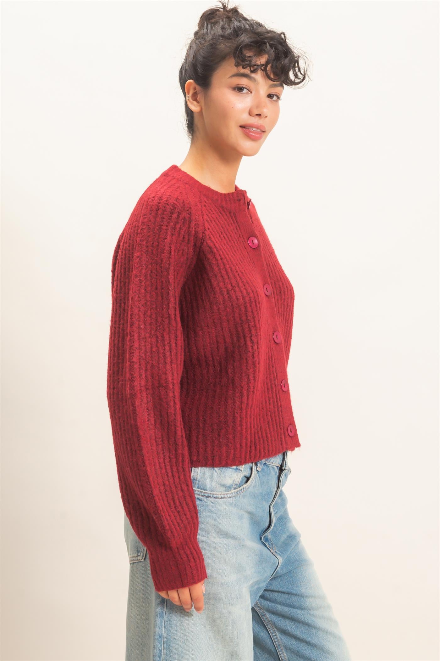 Wholesale Ribbed Button Front Cardigan Cardigans DZ26E109 BURGUNDY DOUBLE ZERO