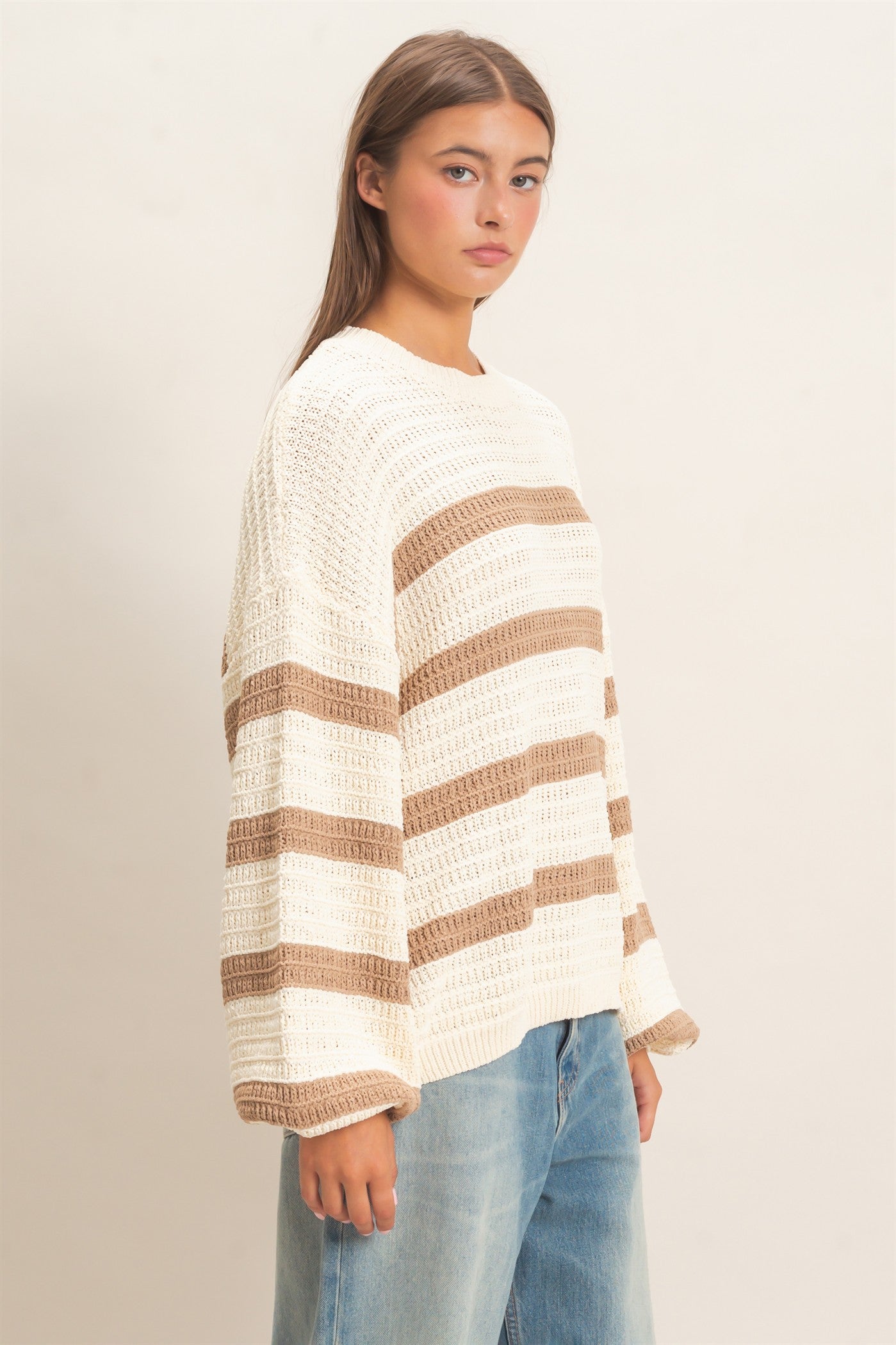 Wholesale Striped Oversized Sweater Sweaters DZ27A192 TAUPE DOUBLE ZERO