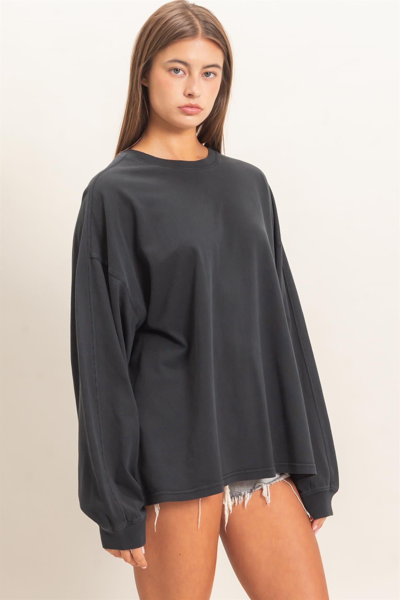 Wholesale Pigment Dye Oversized Long Sleeve Top Clothing Tops DZ26A825 BLACK DOUBLE ZERO