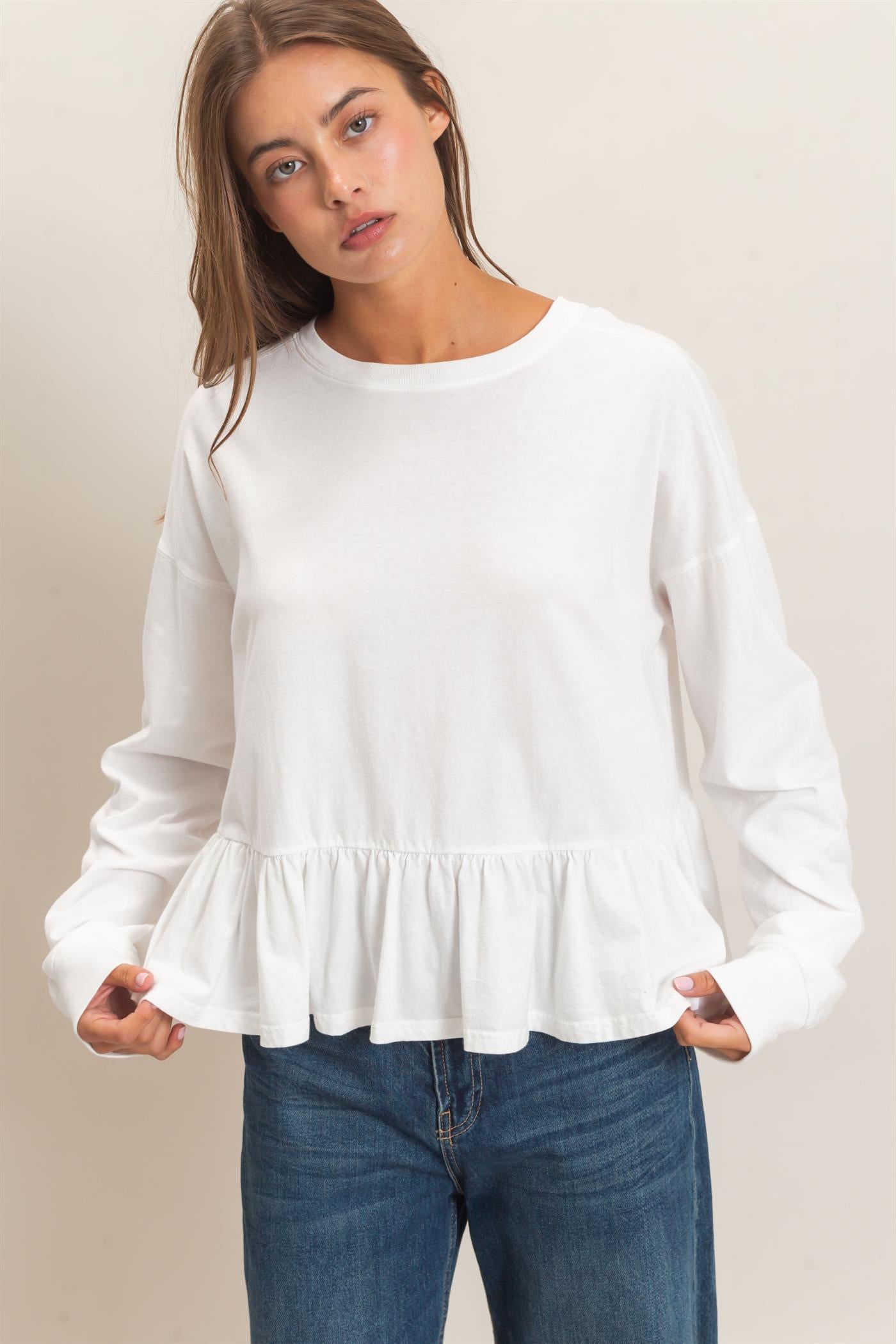 Wholesale Peplum Long Sleeve Top Clothing Tops DZ26F397 WHITE DOUBLE ZERO