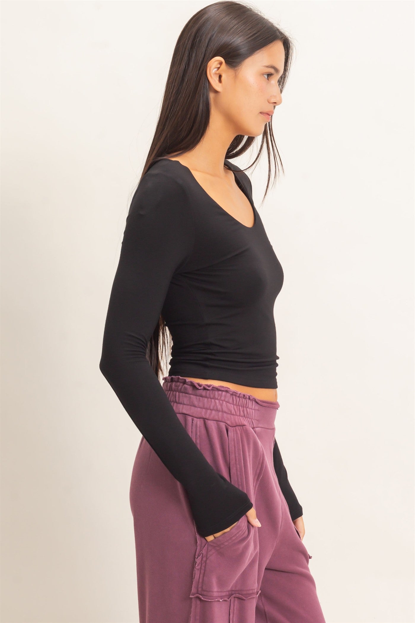 Wholesale Scoop Neck Long Sleeve Top Clothing Tops DZ26E250 BLACK DOUBLE ZERO