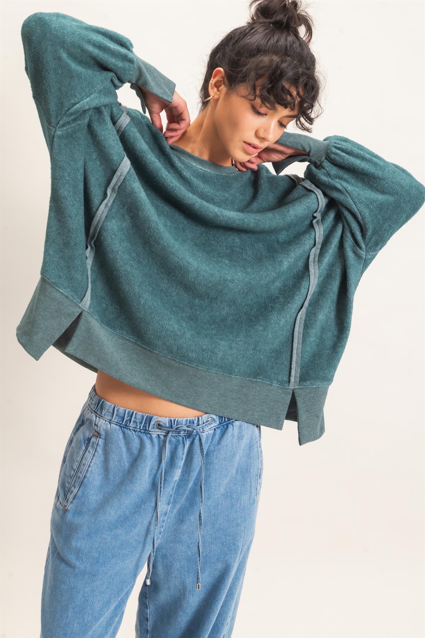 Wholesale Oversized Raw Edge Crew Neck Sweatshirt Sweatshirts DZ26E273 DARK TEAL DOUBLE ZERO