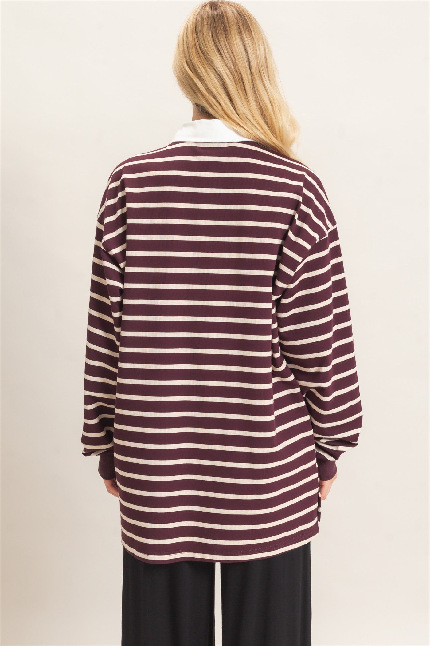 Wholesale Striped Polo Long Sleeve Top Clothing Tops HF26F078 RASPBERRY/ECRU HYFVE