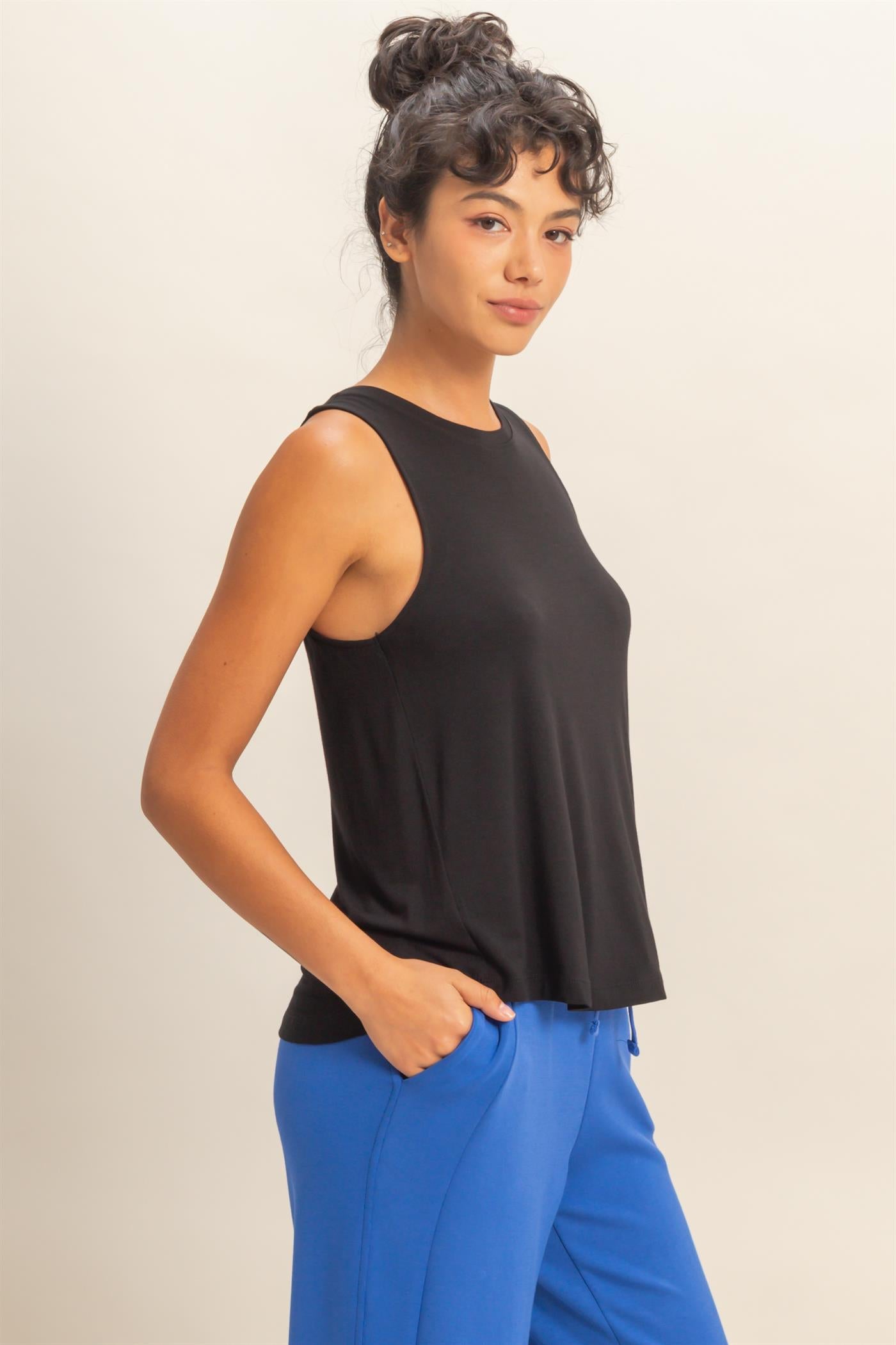 Wholesale Crew Neck Rayon Tank Top Tank Tops DZ26A332 BLACK DOUBLE ZERO