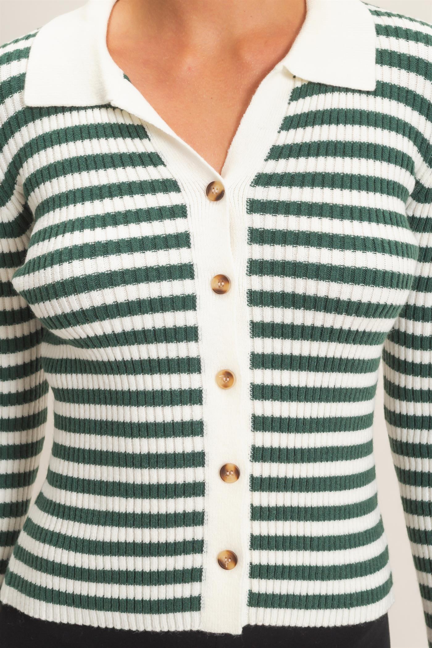 Wholesale Ribbed Striped Polo Knit Top Clothing Tops DZ26E099 DARK GREEN DOUBLE ZERO