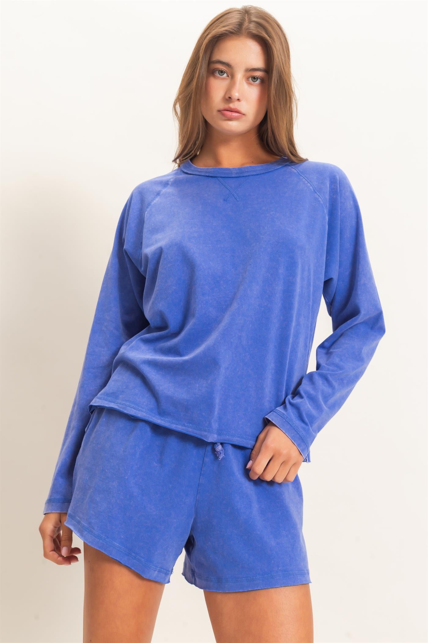 Wholesale Mineral Wash Long Sleeve Raw Edge Top & Shorts Set Clothing DZ26F403-SET COBALT DOUBLE ZERO