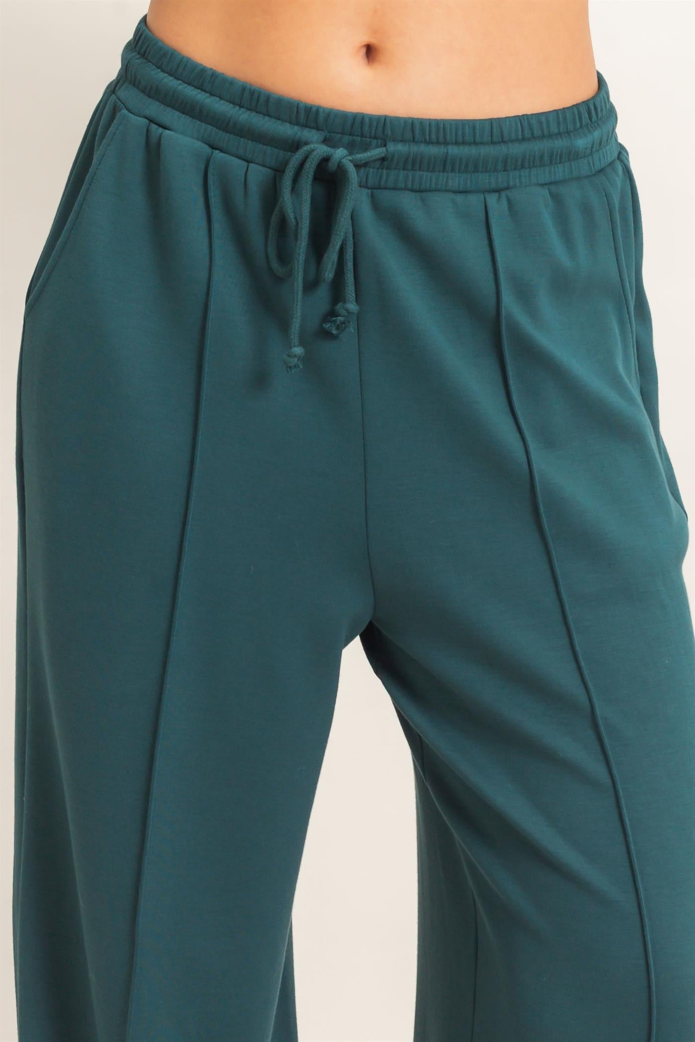 Wholesale Drawstring Waist Pintuck Wide Leg Pants Pants DZ26E384 DEEP GREEN HYFVE