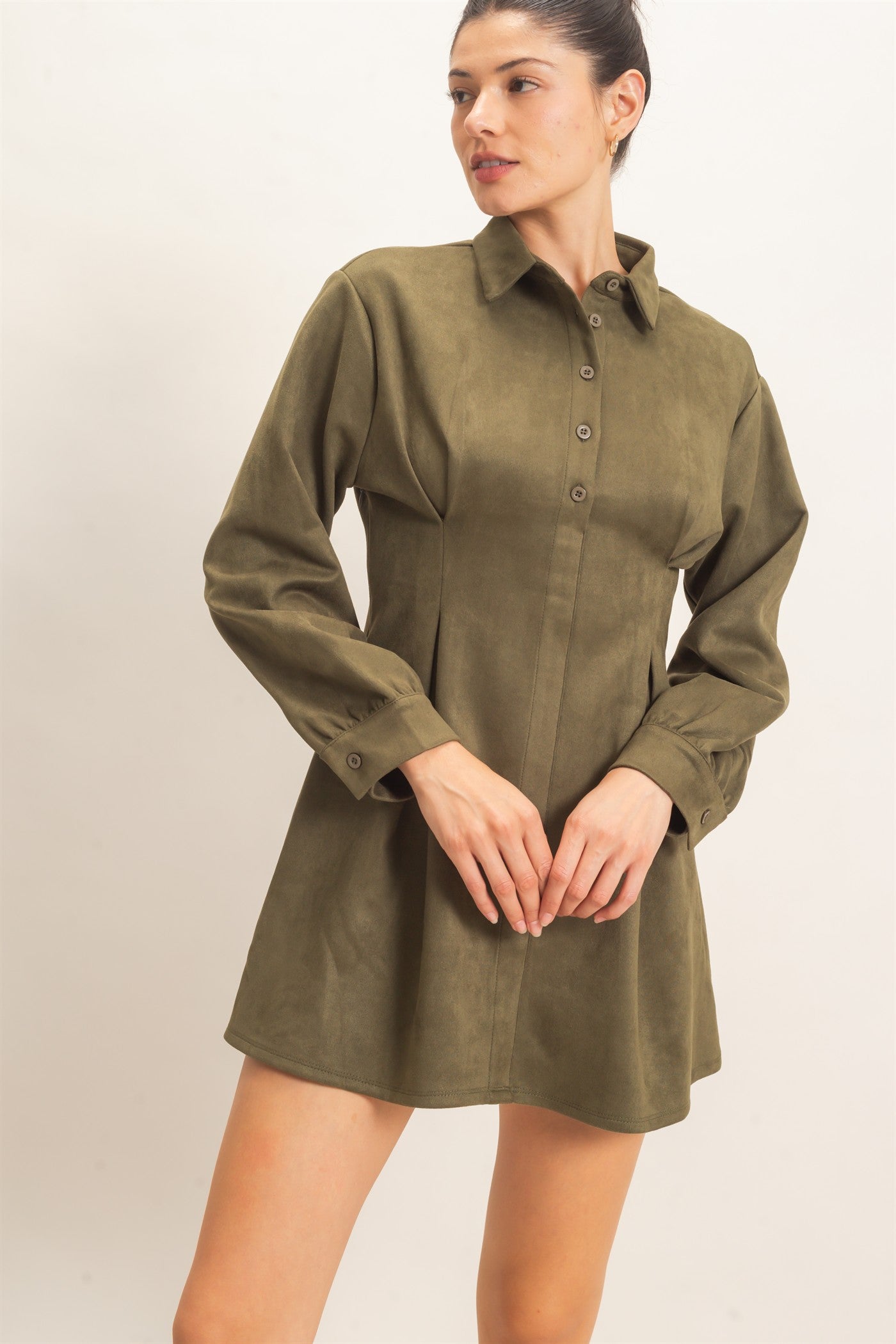 Wholesale Faux Suede Long Sleeve Shirtdress Dresses HF26F063 OLIVE HYFVE