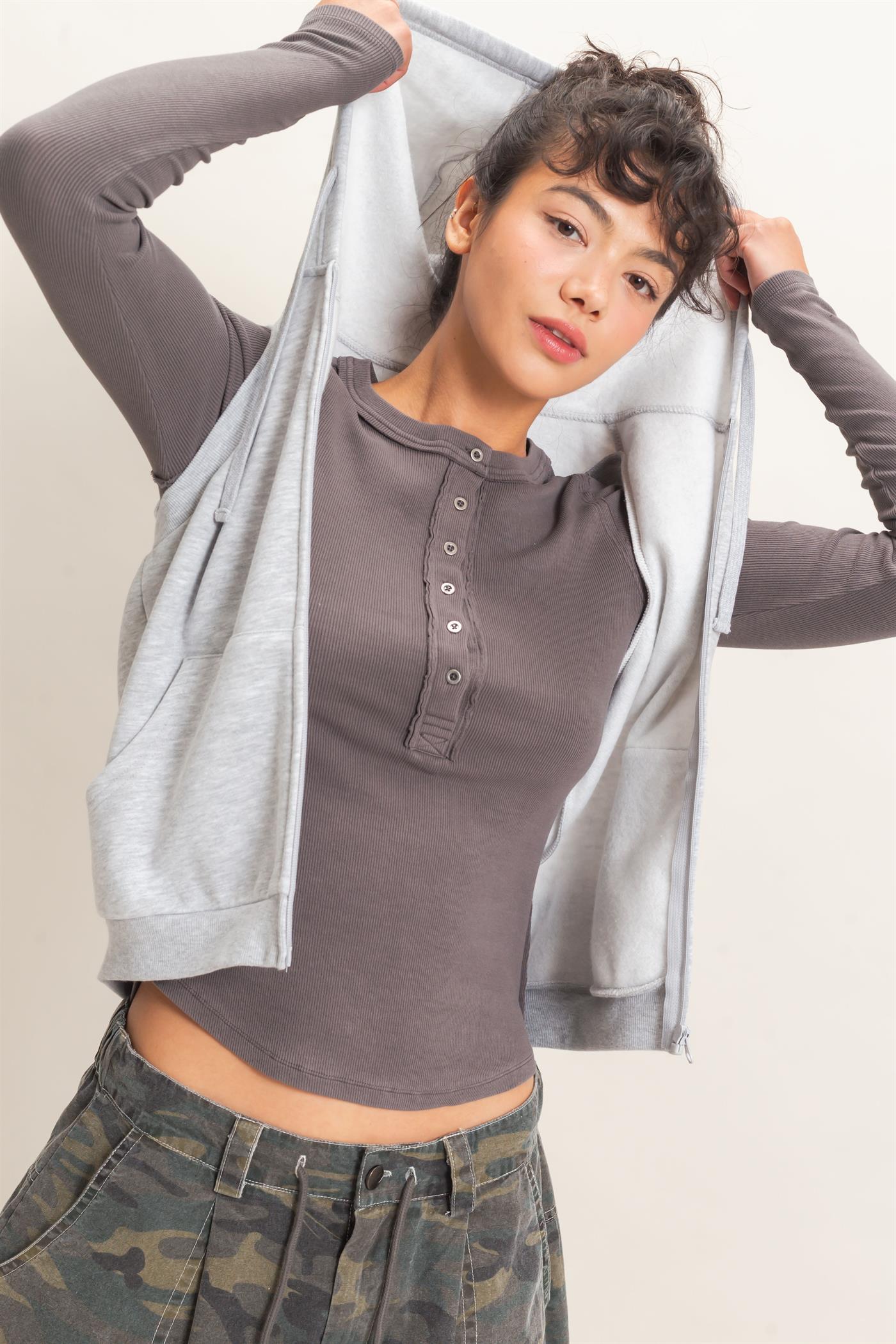 Wholesale Sleeveless Zip Up Hoodie Hoodies DZ26E330 HEATHER GRAY DOUBLE ZERO
