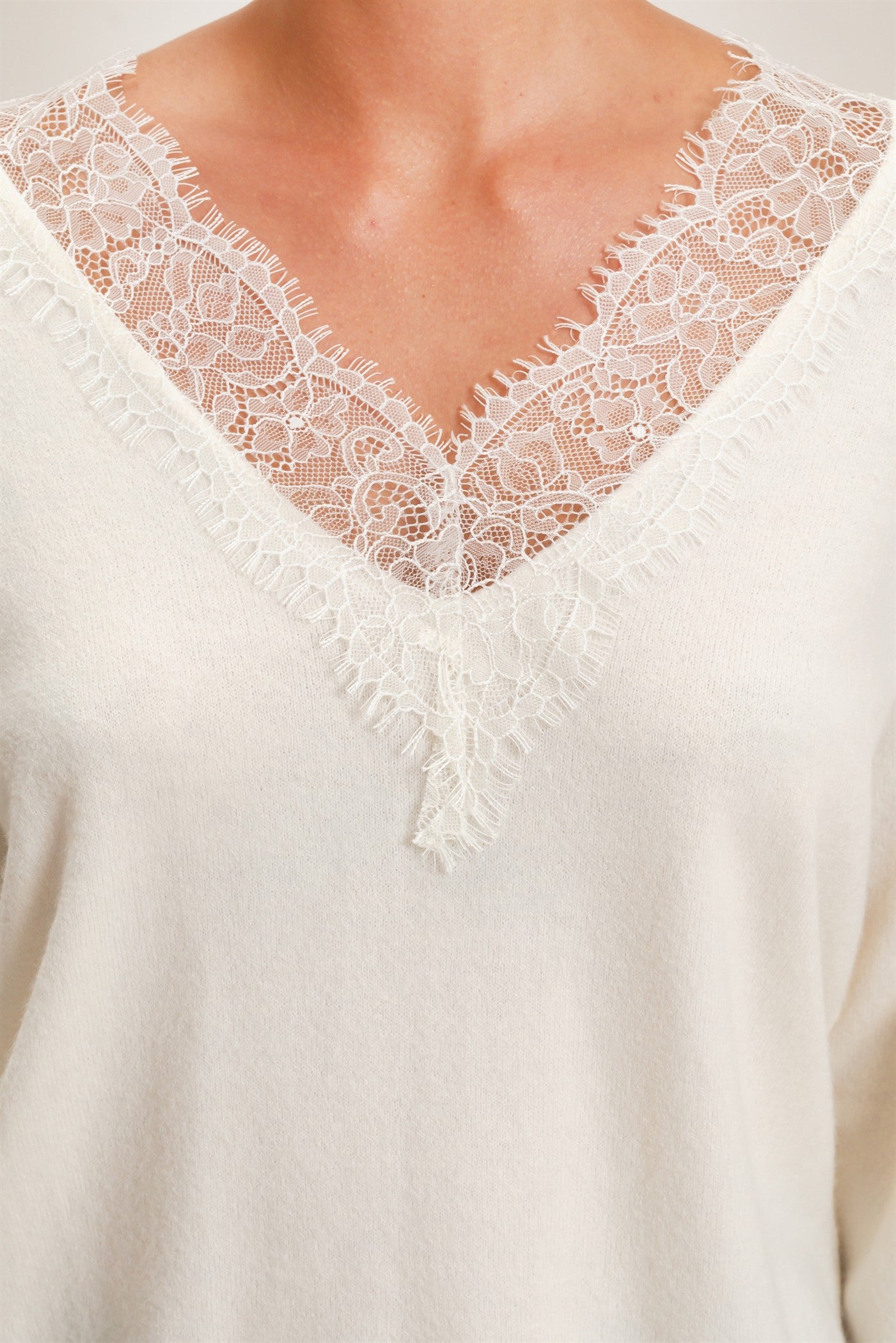 Wholesale Lace Trim V-Neck Sweater Sweaters DZ26E327 CREAM DOUBLE ZERO