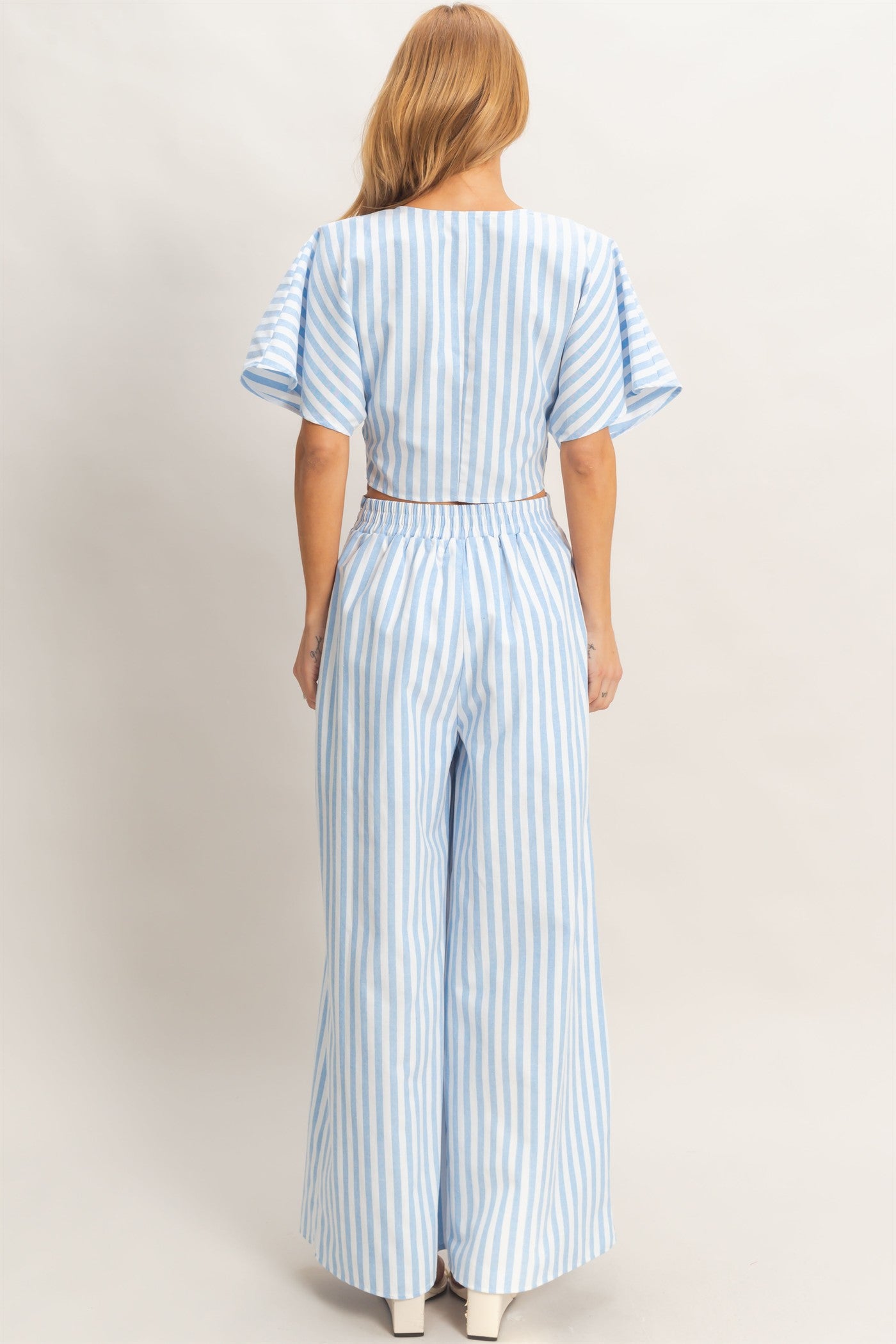 Wholesale Striped Twist Front Top & Pants Clothing HF26A692-SET BLUE DOUBLE ZERO