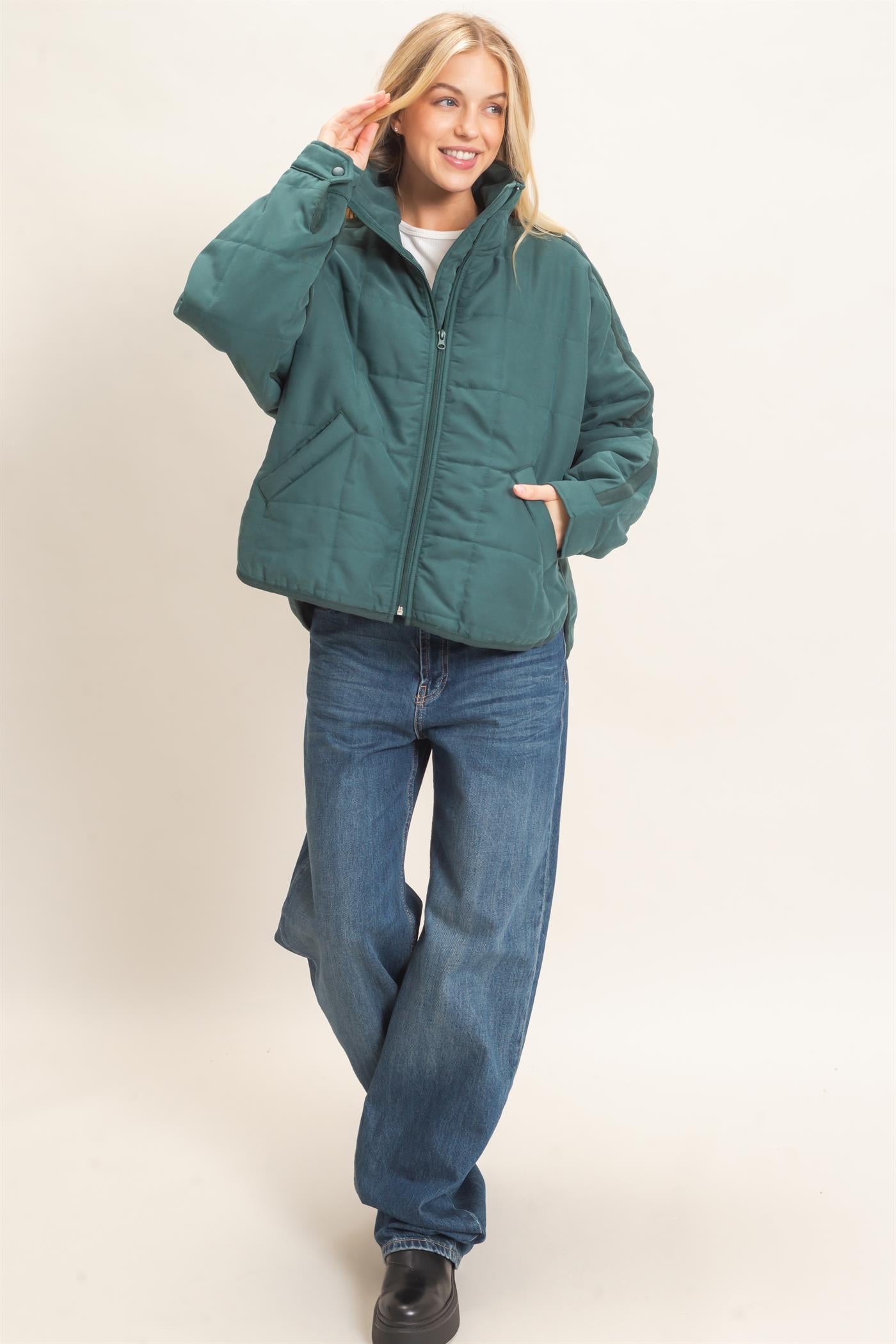 Wholesale Quilted High Collar Jacket Coats & Jackets HF26F167-D TEAL HYFVE
