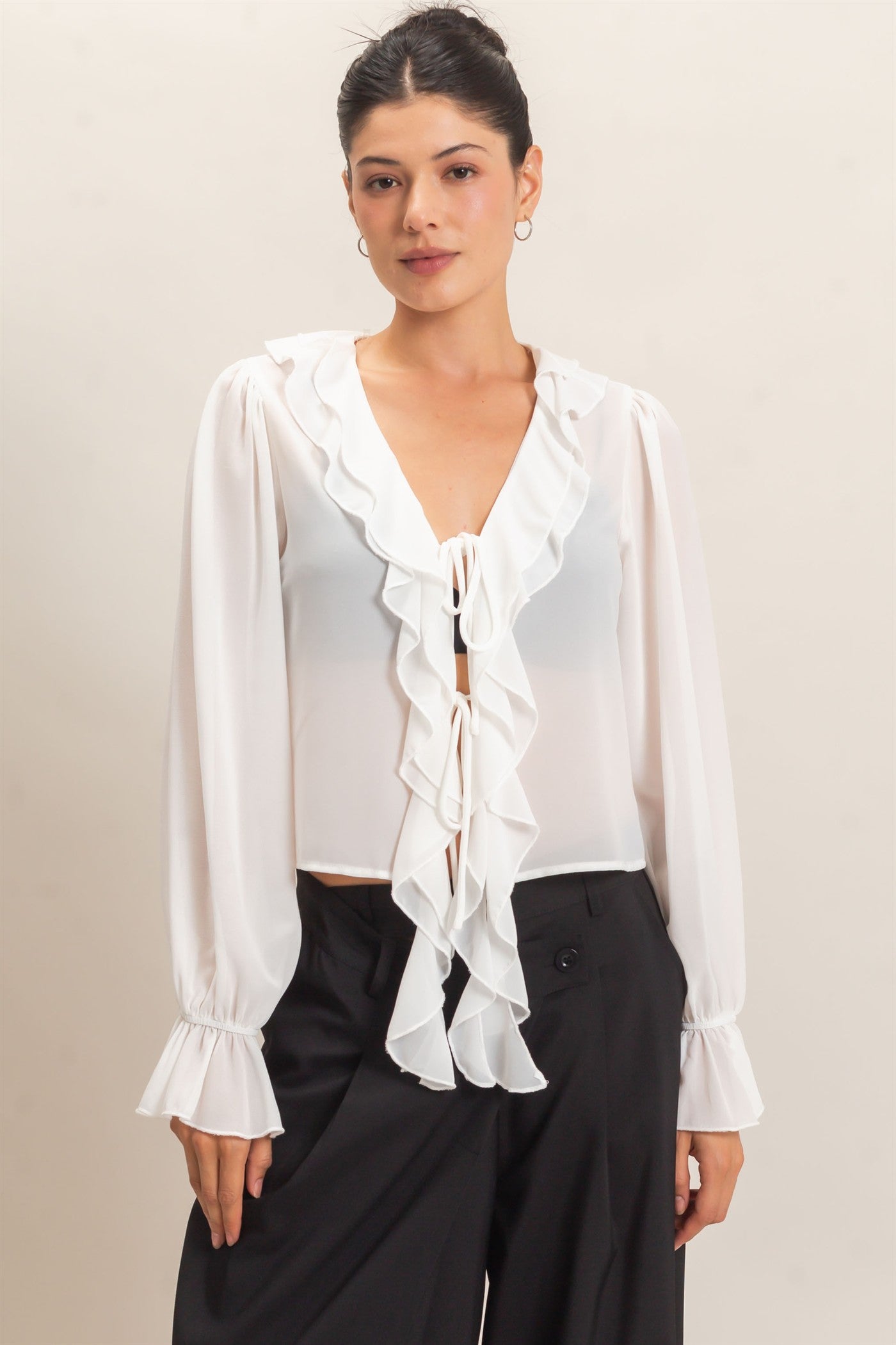 Wholesale Ruffled V-Neck Blouse Blouses HF26F066 OFF WHITE HYFVE