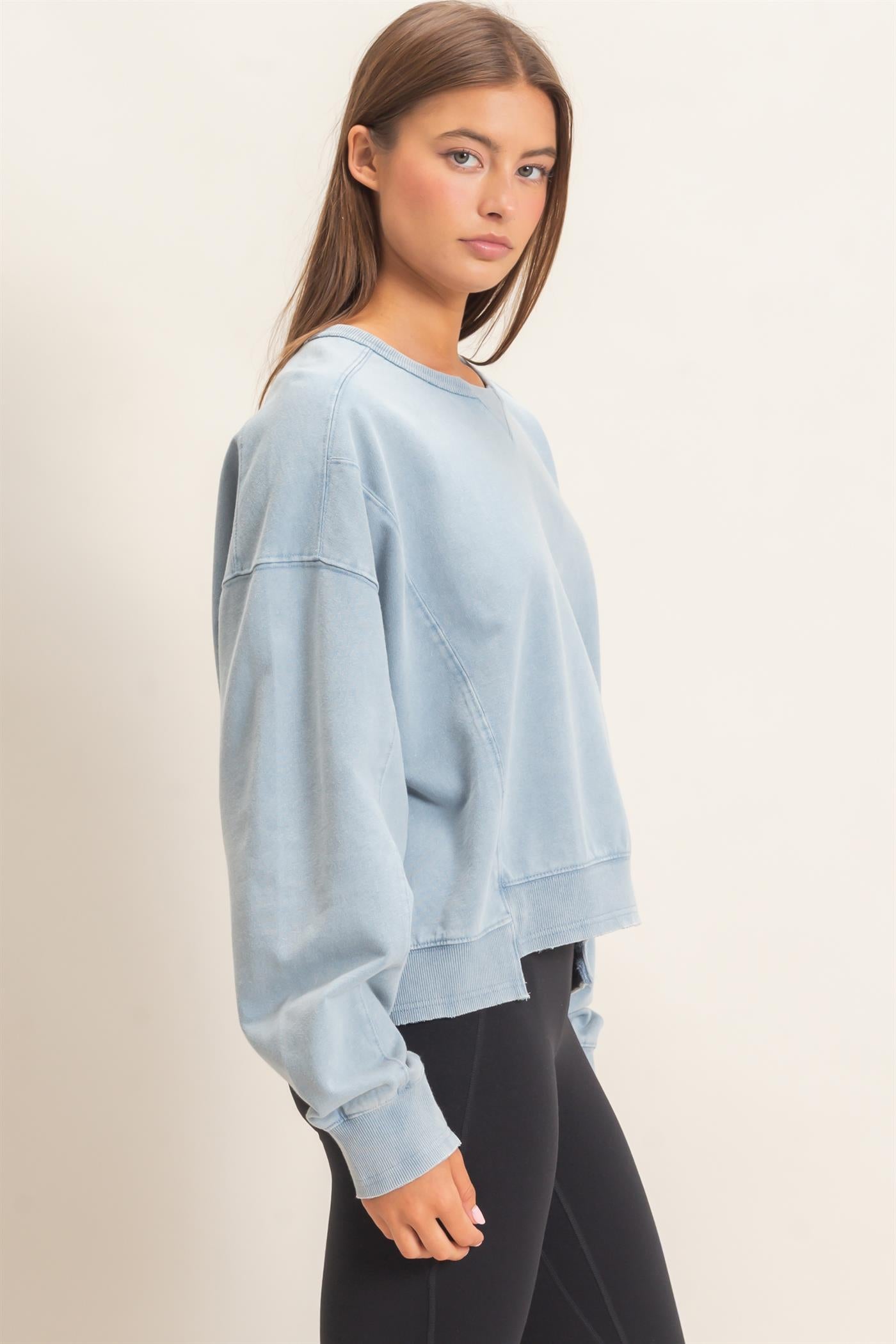 Wholesale Acid Wash Seam Detail Crew Neck Sweatshirt Sweatshirts DZ26E260 DUSTY BLUE DOUBLE ZERO