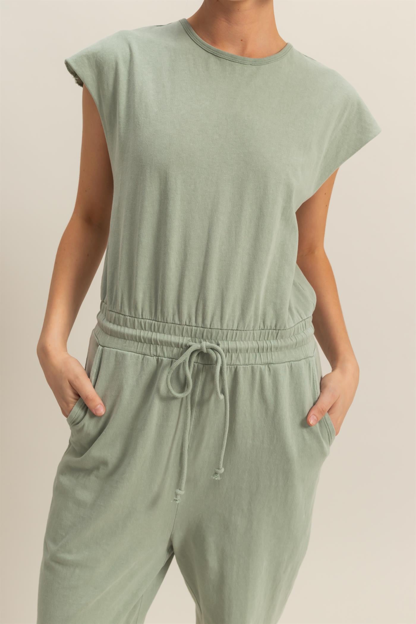 Wholesale Short Sleeve Casual Jumpsuit Clothing DZ24C619 SAGE GREEN DOUBLE ZERO