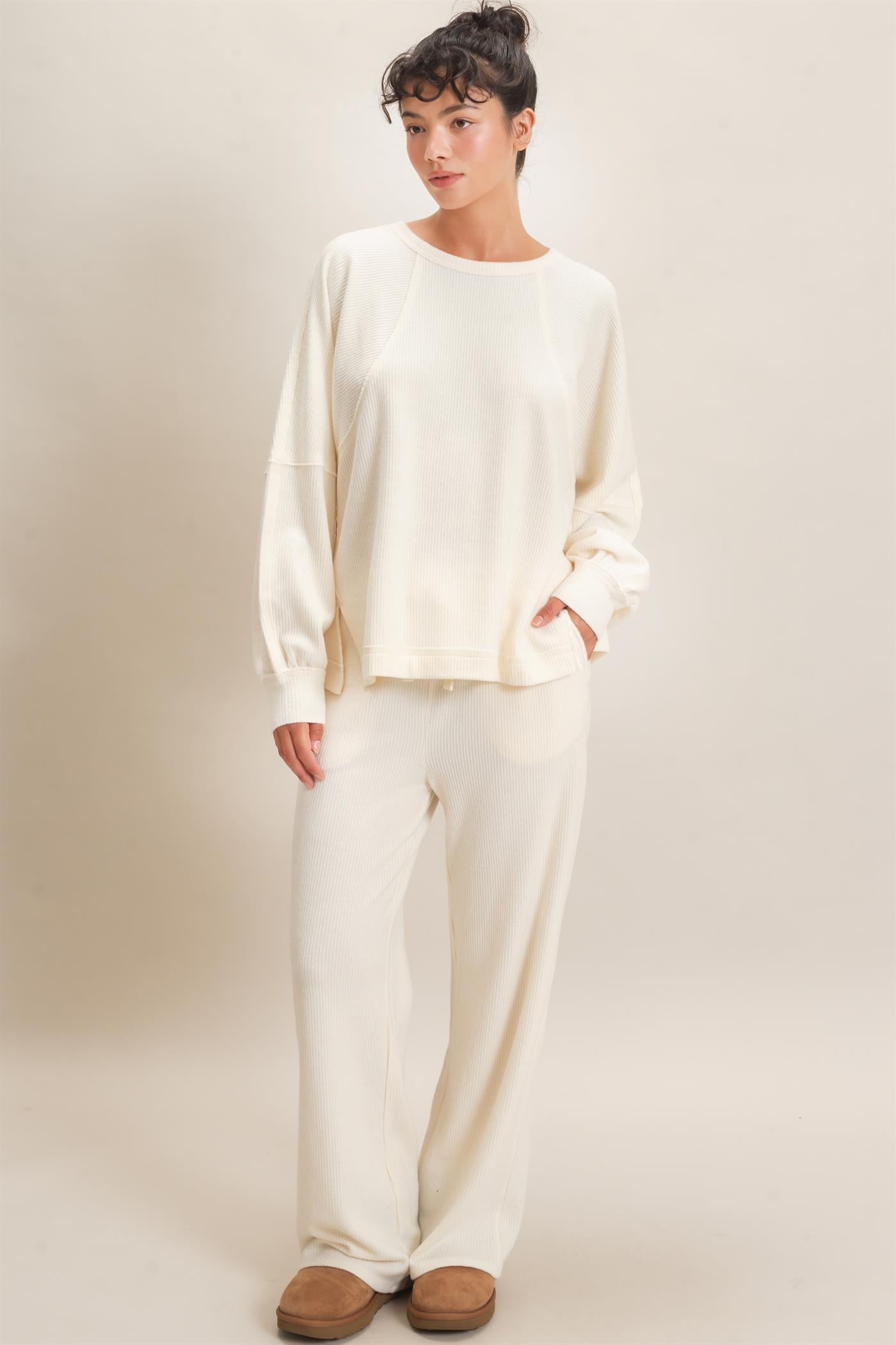Wholesale Brushed Waffle Long Sleeve Top Clothing Tops DZ26F312 CREAM DOUBLE ZERO