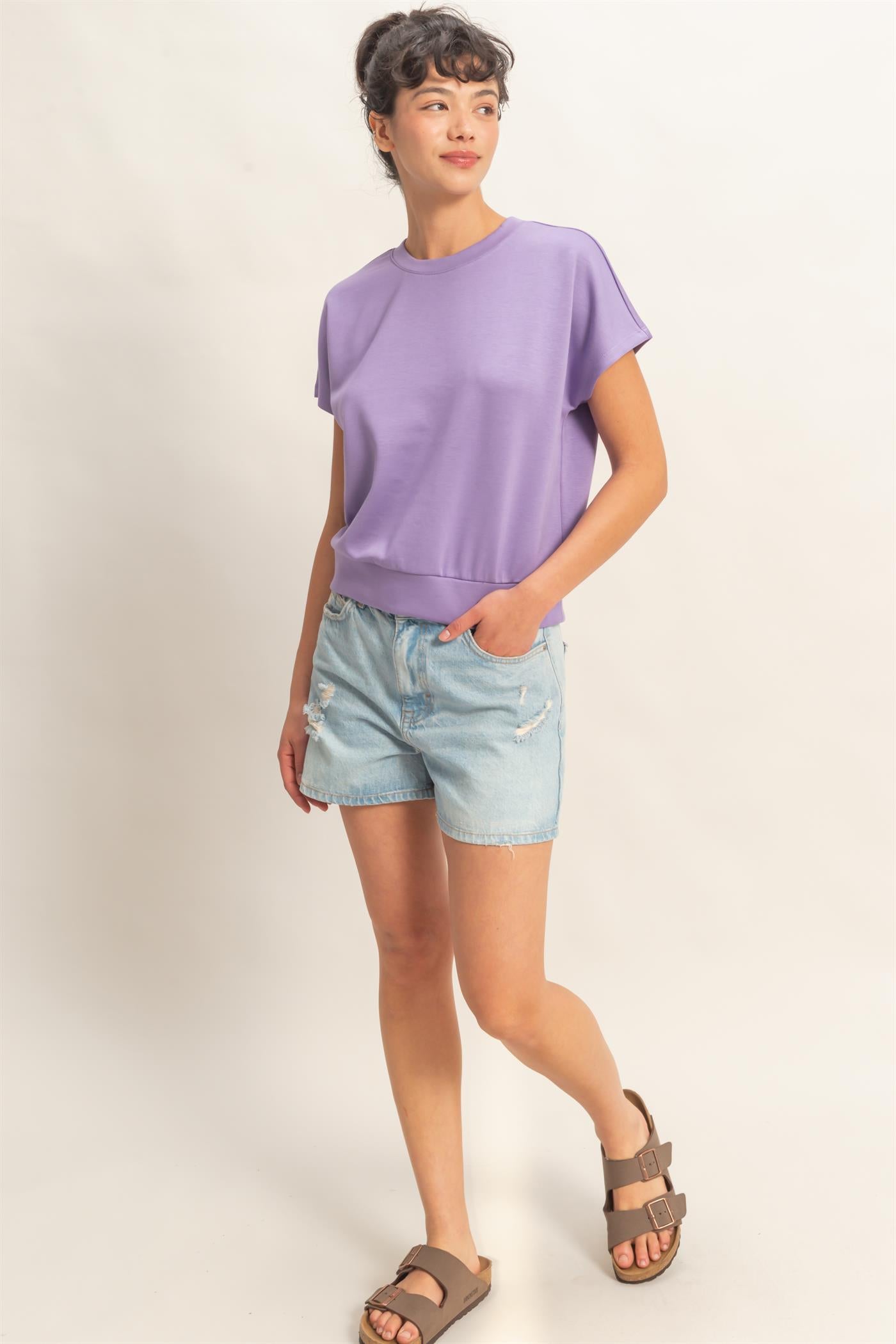 Wholesale Crew Neck Short Dolman Sleeve Top Clothing Tops DZ26C205 DUSTY PURPLE DOUBLE ZERO