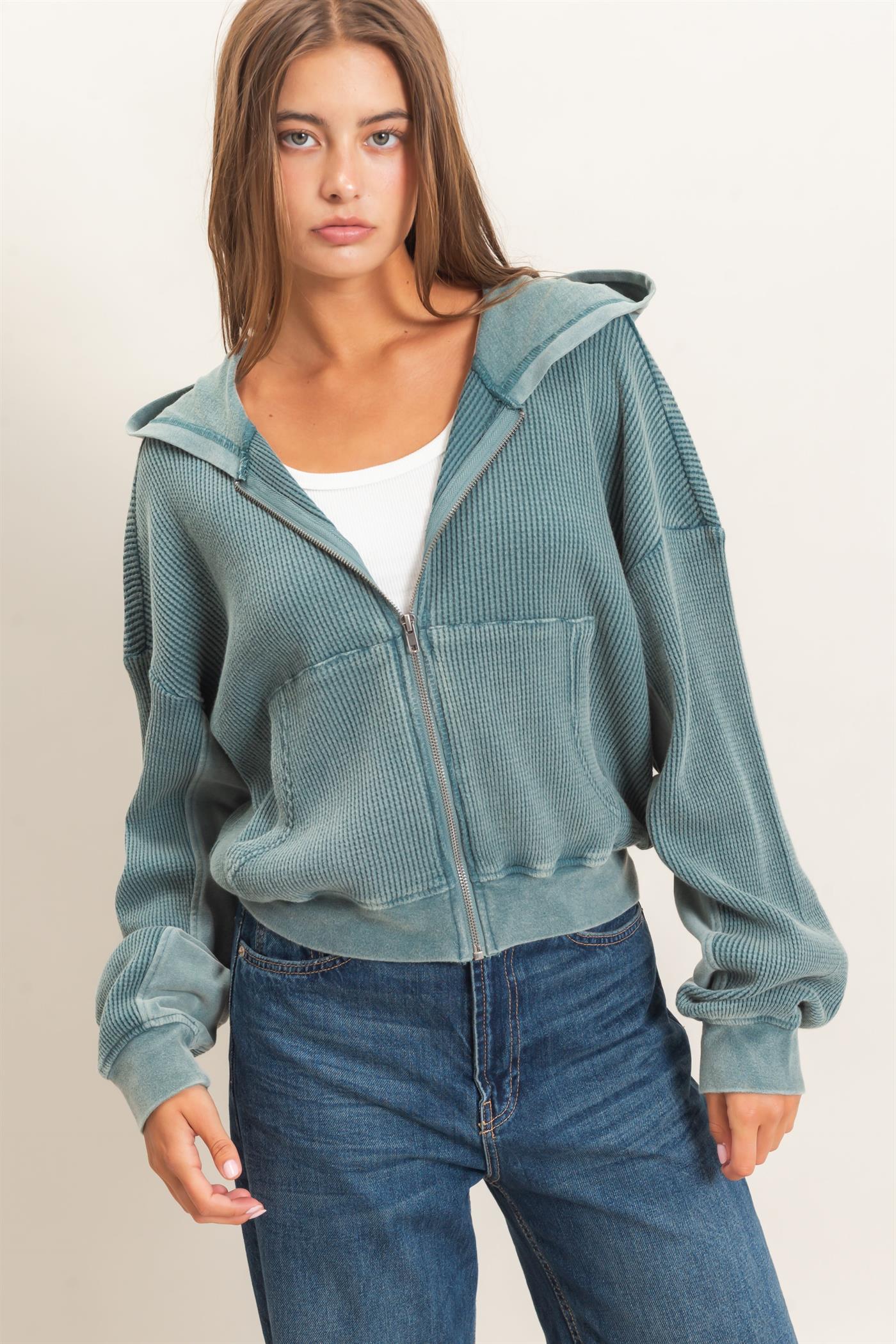 Wholesale Acid Wash Waffle Knit Zip-Up Hoodie Hoodies DZ26E401 DARK TEAL DOUBLE ZERO