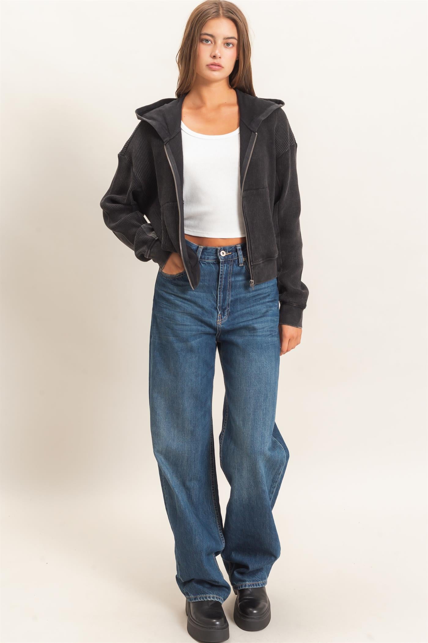 Wholesale Acid Wash Waffle Knit Zip-Up Hoodie Hoodies DZ26E401 BLACK DOUBLE ZERO