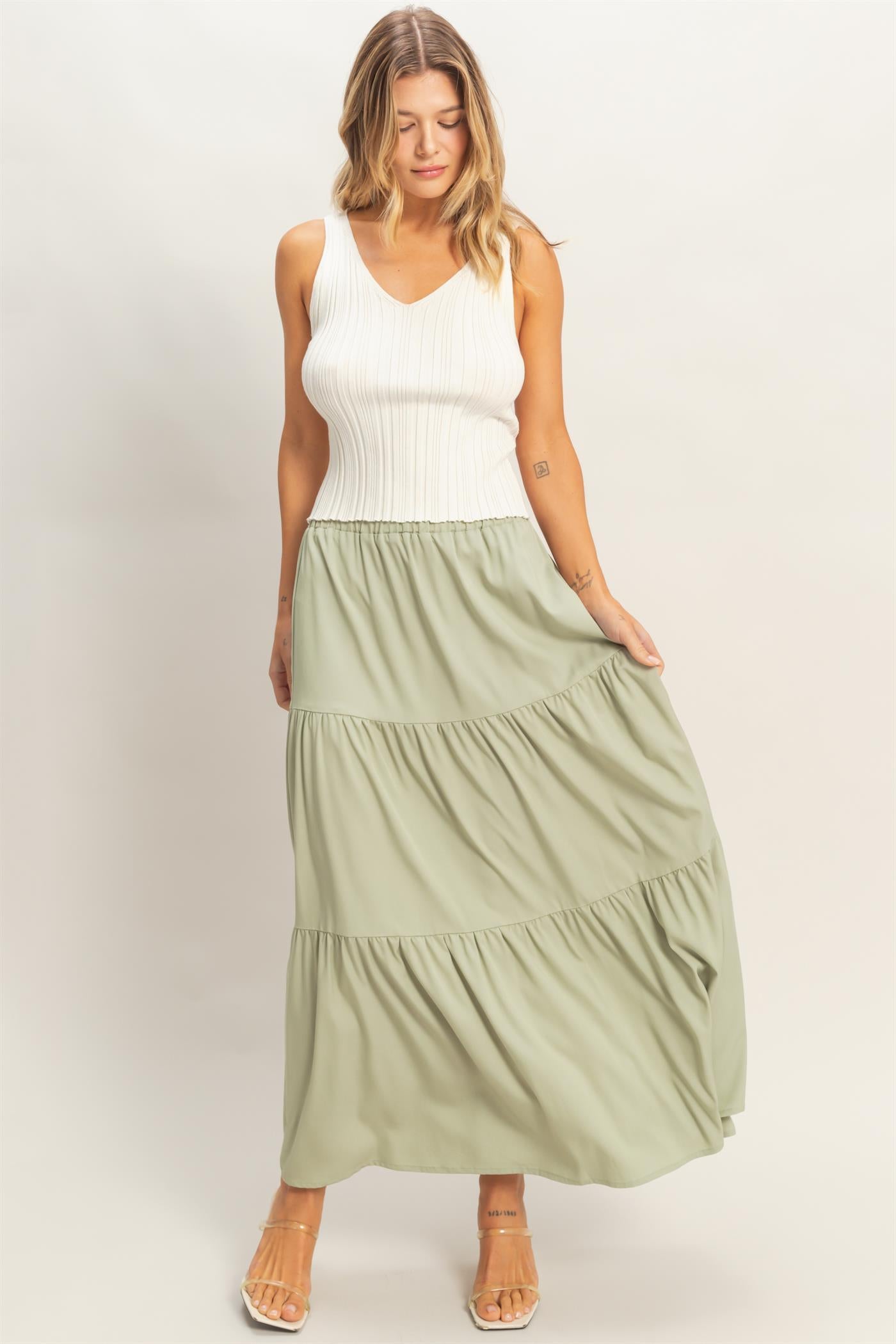 Wholesale Elastic Waist 3-Tier Skirt Skirts HF26E340-D SAGE HYFVE