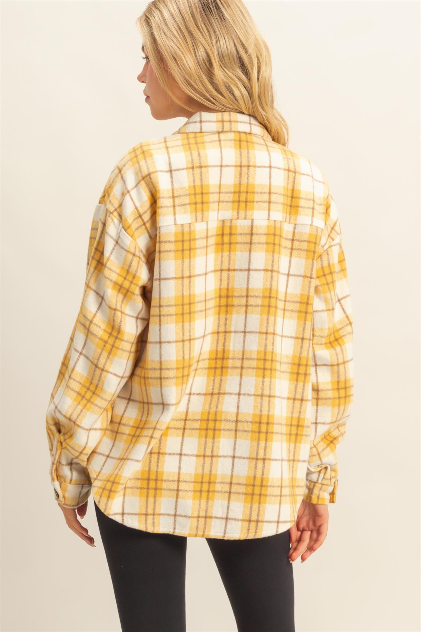 Wholesale Collared Plaid Shacket Shirts HF23G058 YELLOW HYFVE