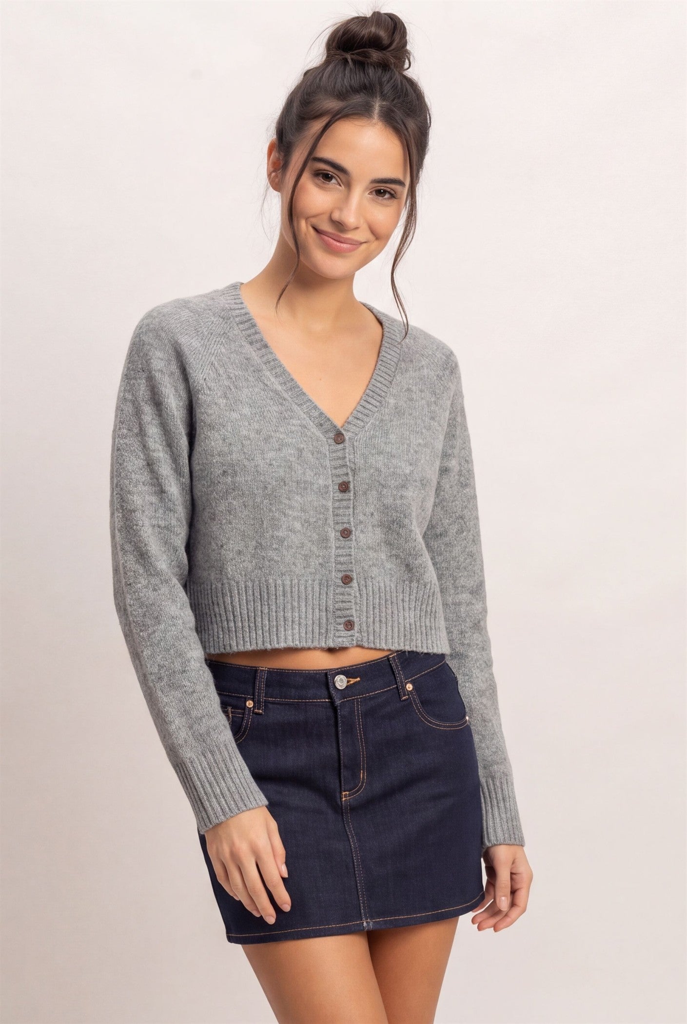 Wholesale V-Neck Cardigan Cardigans DZ26E326 HEATHER GRAY DOUBLE ZERO