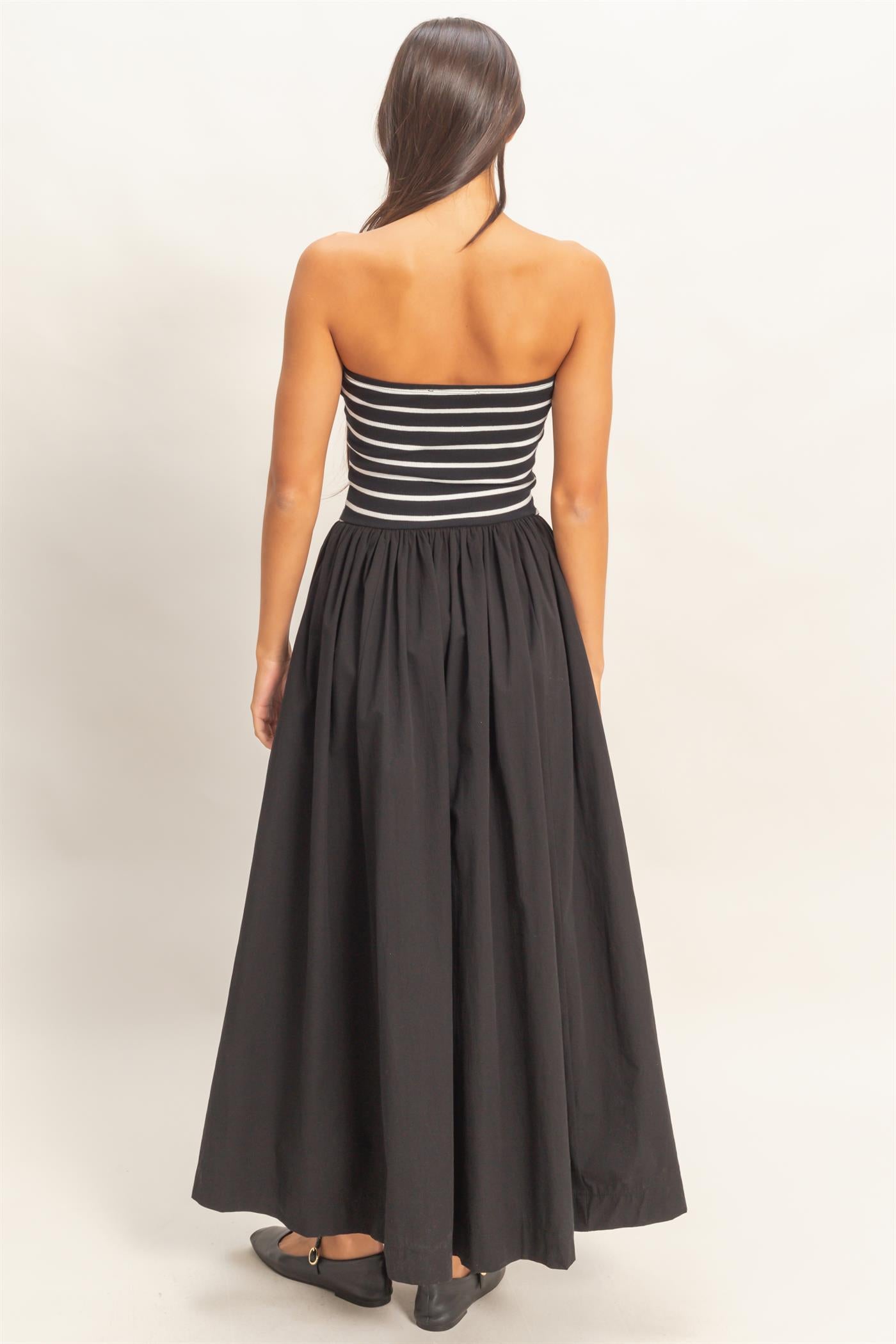 Wholesale Striped Strapless Flowy Midi Dress Dresses DZ26C169 BLACK DOUBLE ZERO