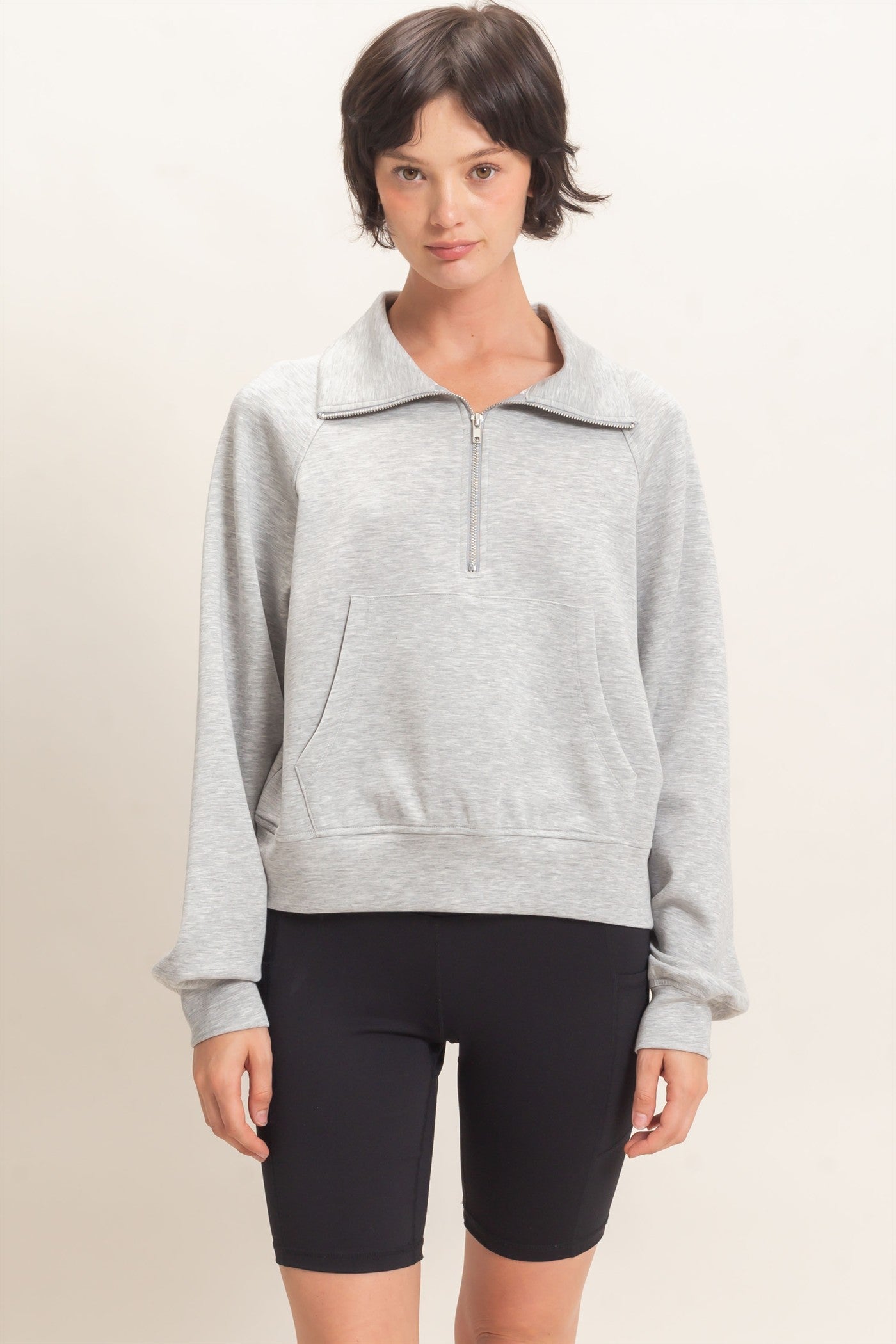 Wholesale Half-Zip Collar Raglan Pullover Sweatshirts DZ26C967 HEATHER GRAY DOUBLE ZERO