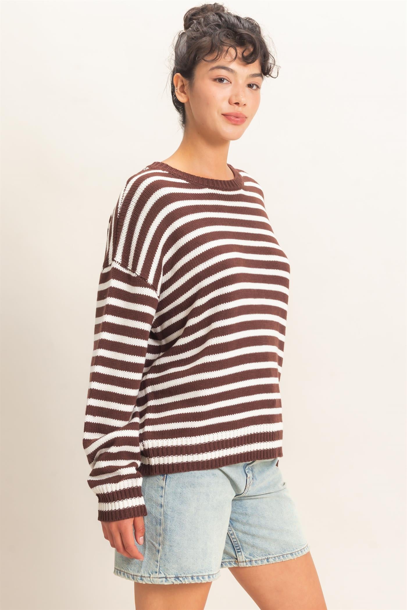 Wholesale Striped Crew Neck Sweater Sweaters DZ26E237 DARK BROWN DOUBLE ZERO