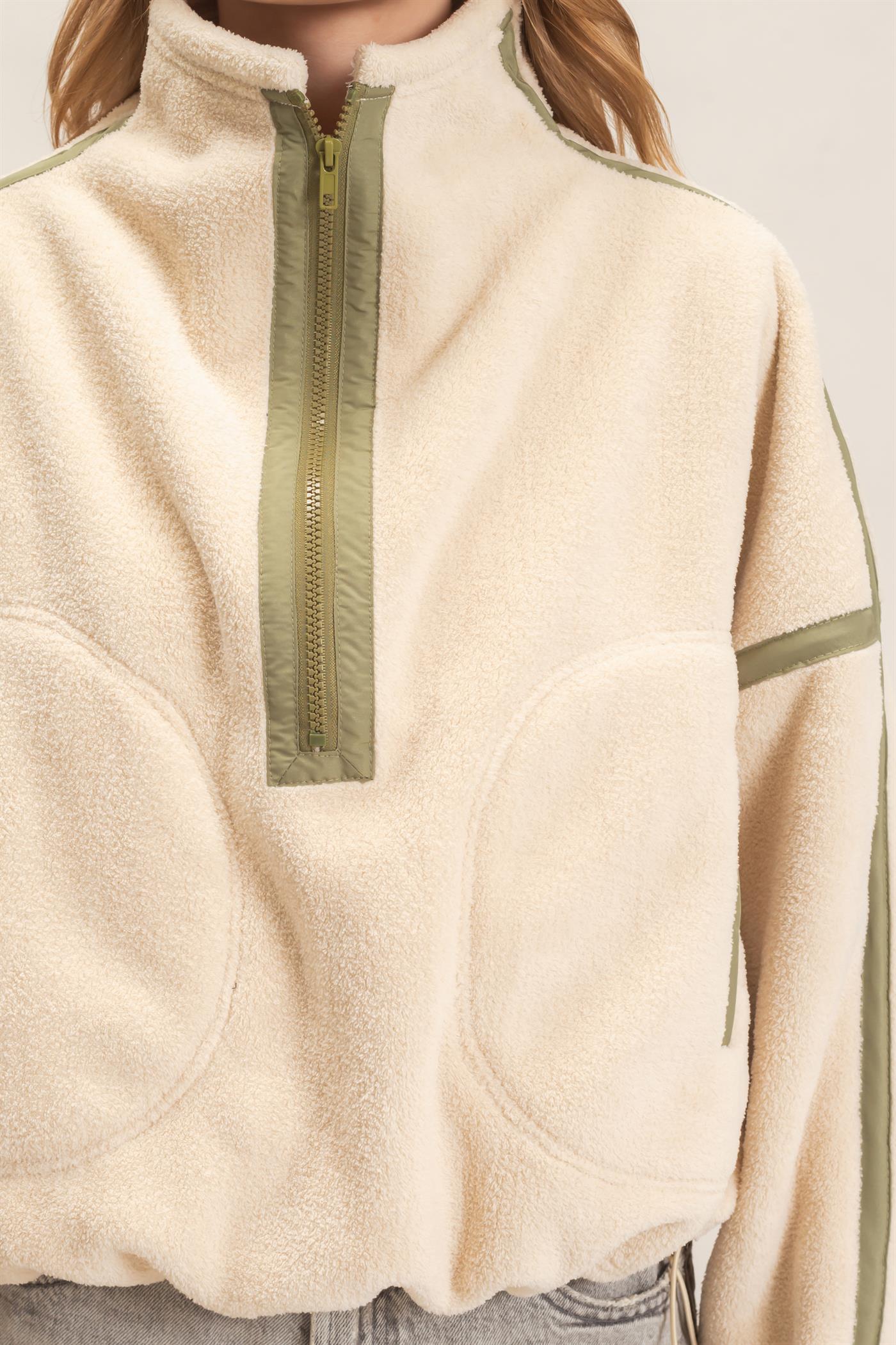 Wholesale Contrast Trim Half-Zip Fleece Pullover Outerwear HF26F206-D LIGHT BEIGE HYFVE