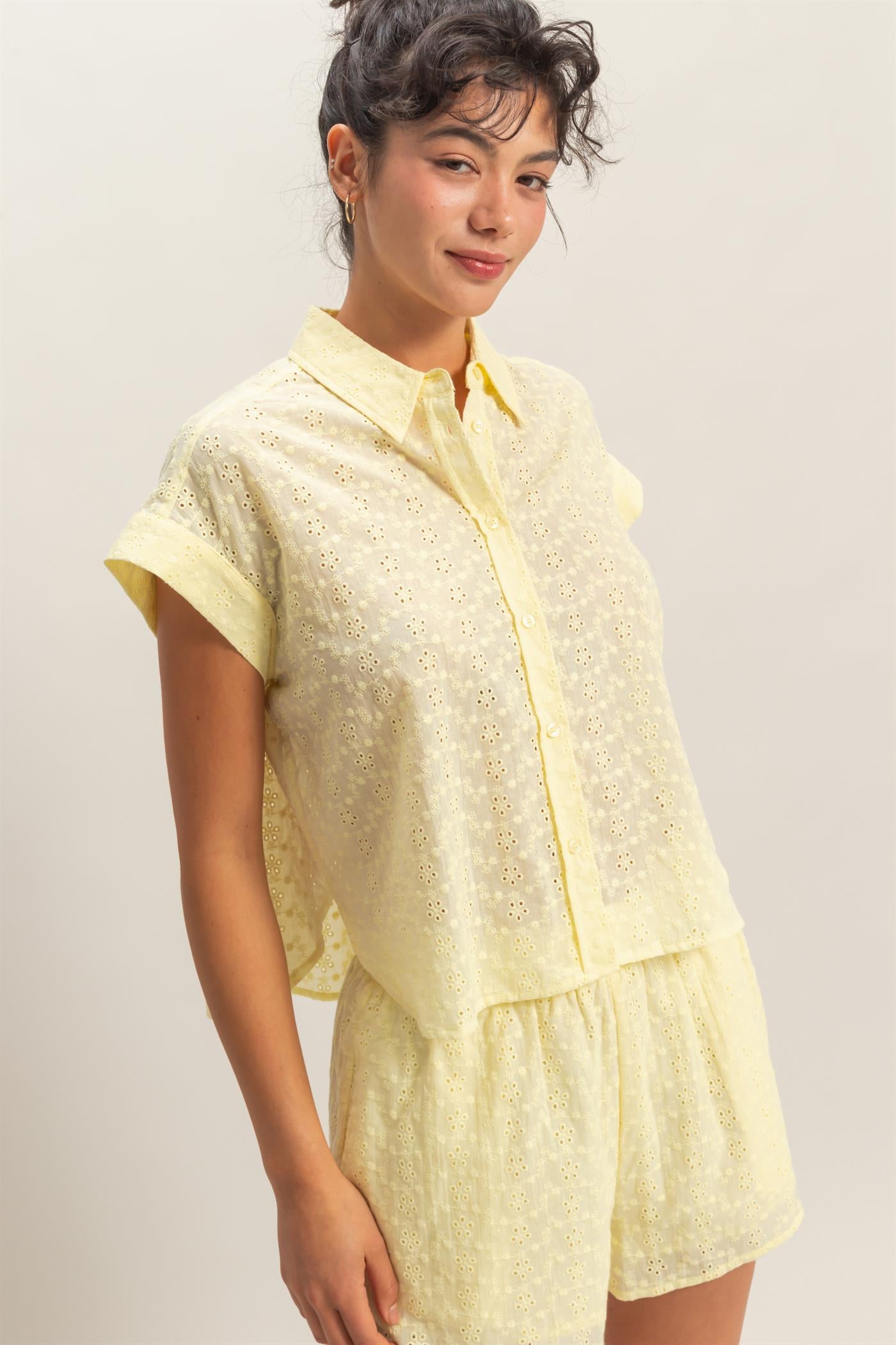 Wholesale Eyelet Dolman Short Sleeve Button Up Shirt Clothing Tops DZ26C088 PALE YELLOW DOUBLE ZERO