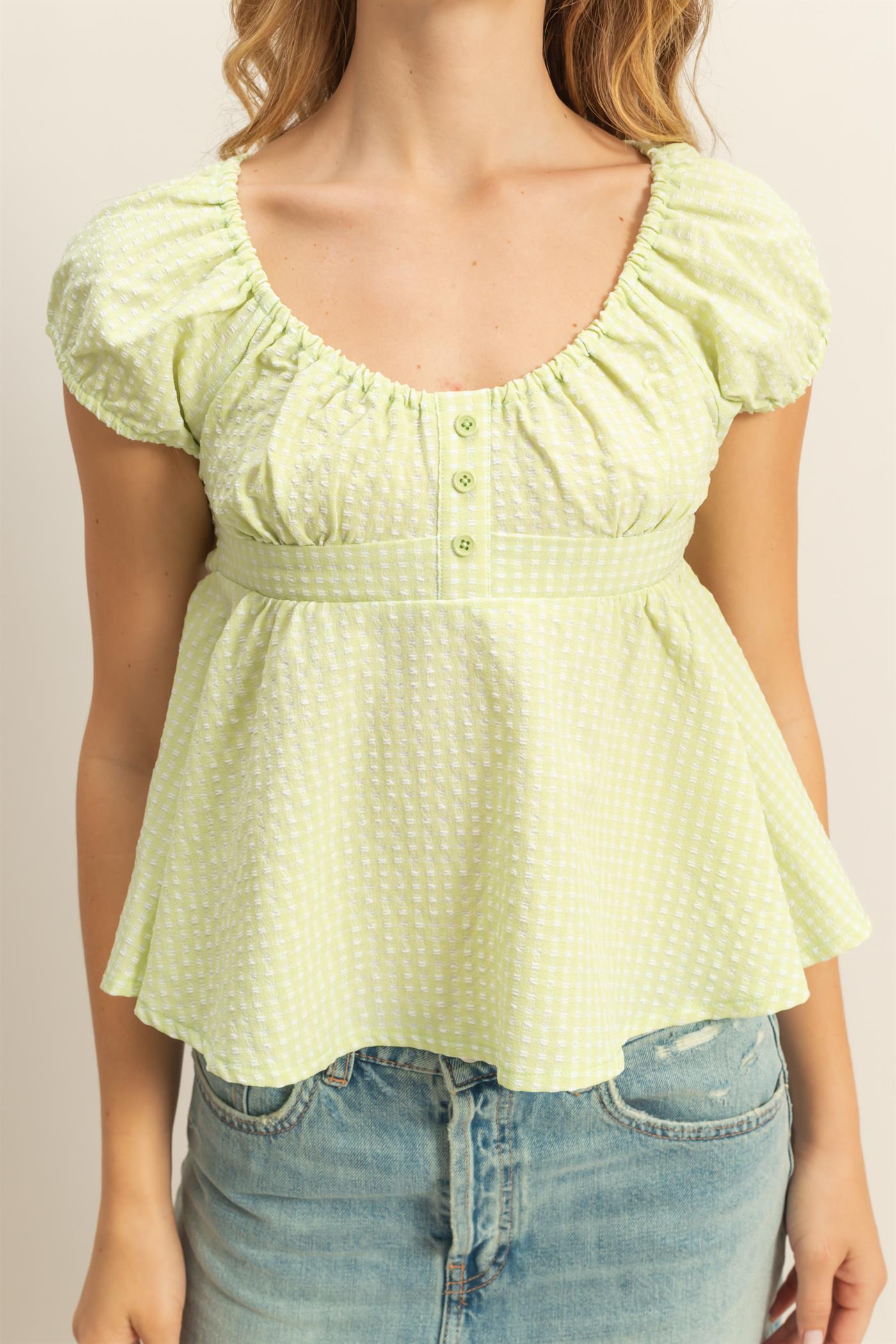 Wholesale Gingham Scoop Neck Cap Sleeve Blouse Blouses DZ25C042 LIME GREEN DOUBLE ZERO