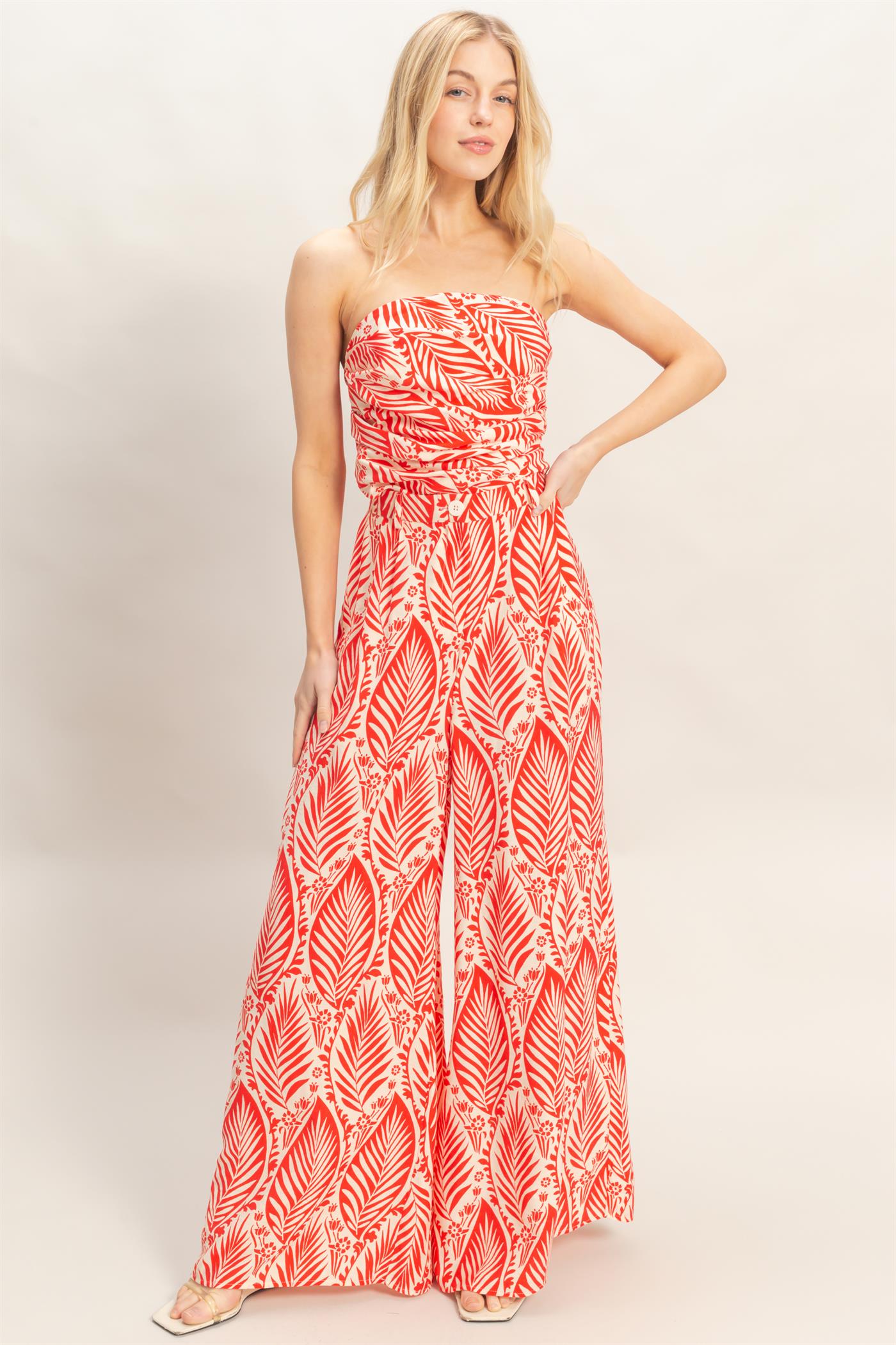 Wholesale Strapless Top & Pant Print Set Clothing HF25E577-SET-D RED HYFVE