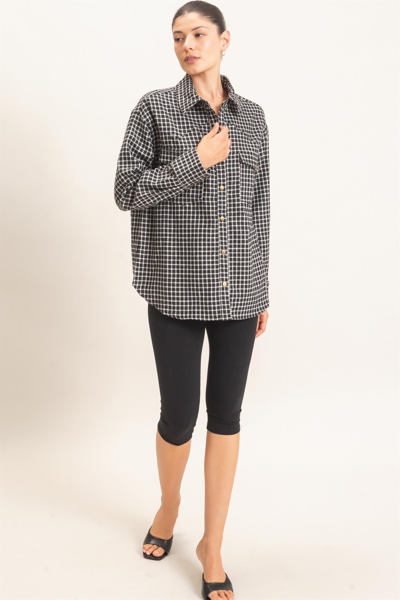Wholesale Plaid Button-Up Shirt Clothing Tops HF25F450 BLACK HYFVE