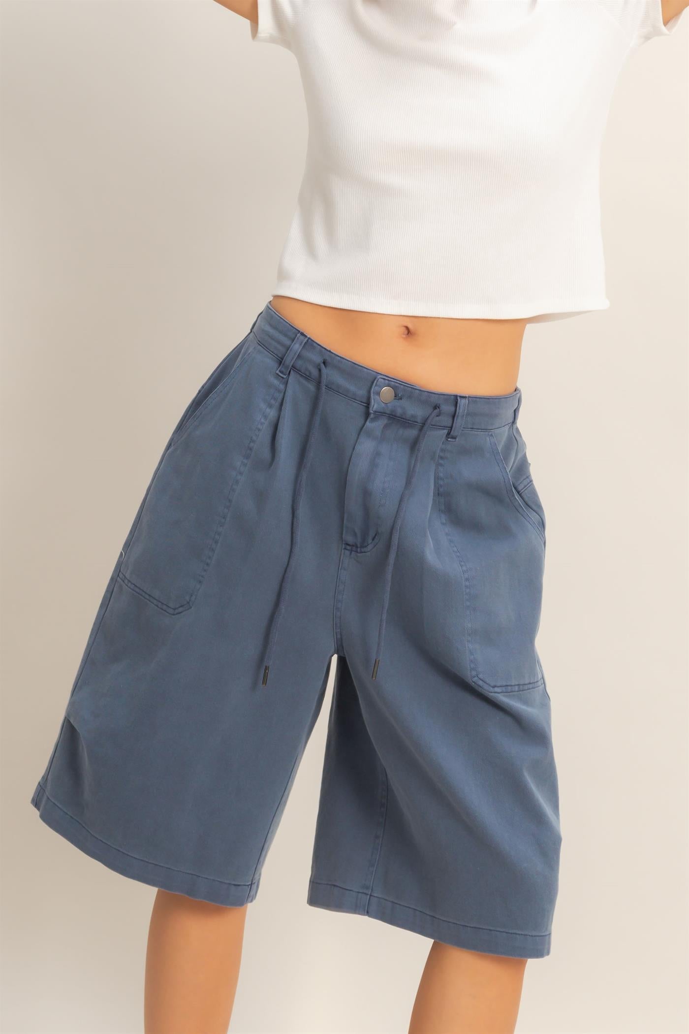 Wholesale Drawstring Waist Wide Leg Jorts Shorts DZ26F283 NAVY DOUBLE ZERO