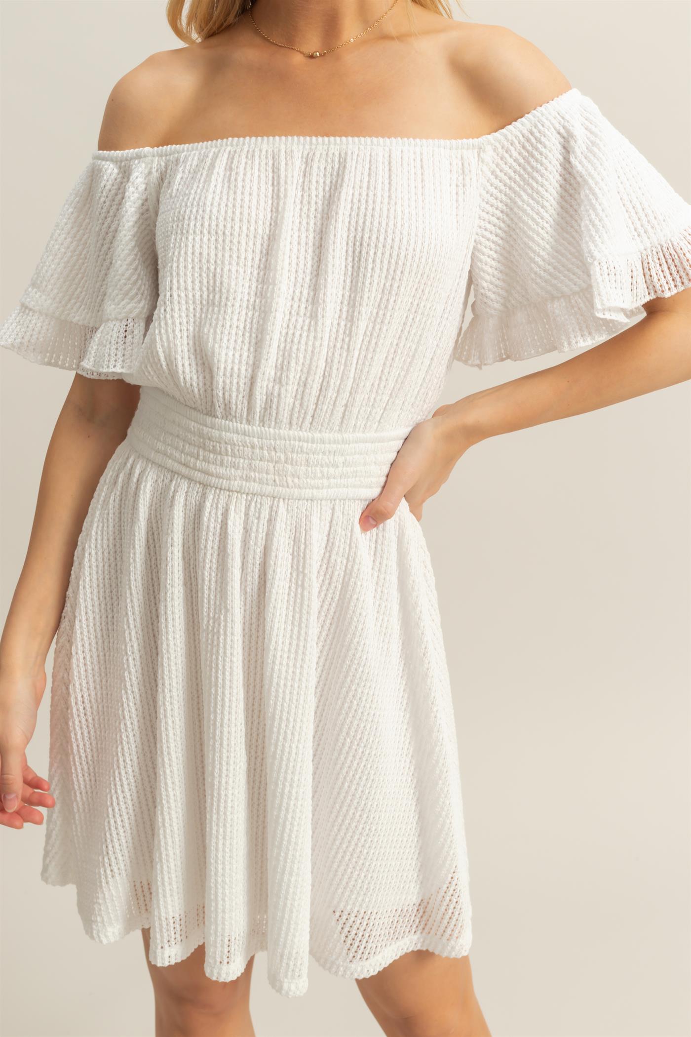 Wholesale Crochet Off-The-Shoulder Mini Dress Dresses HF25E125 WHITE HYFVE