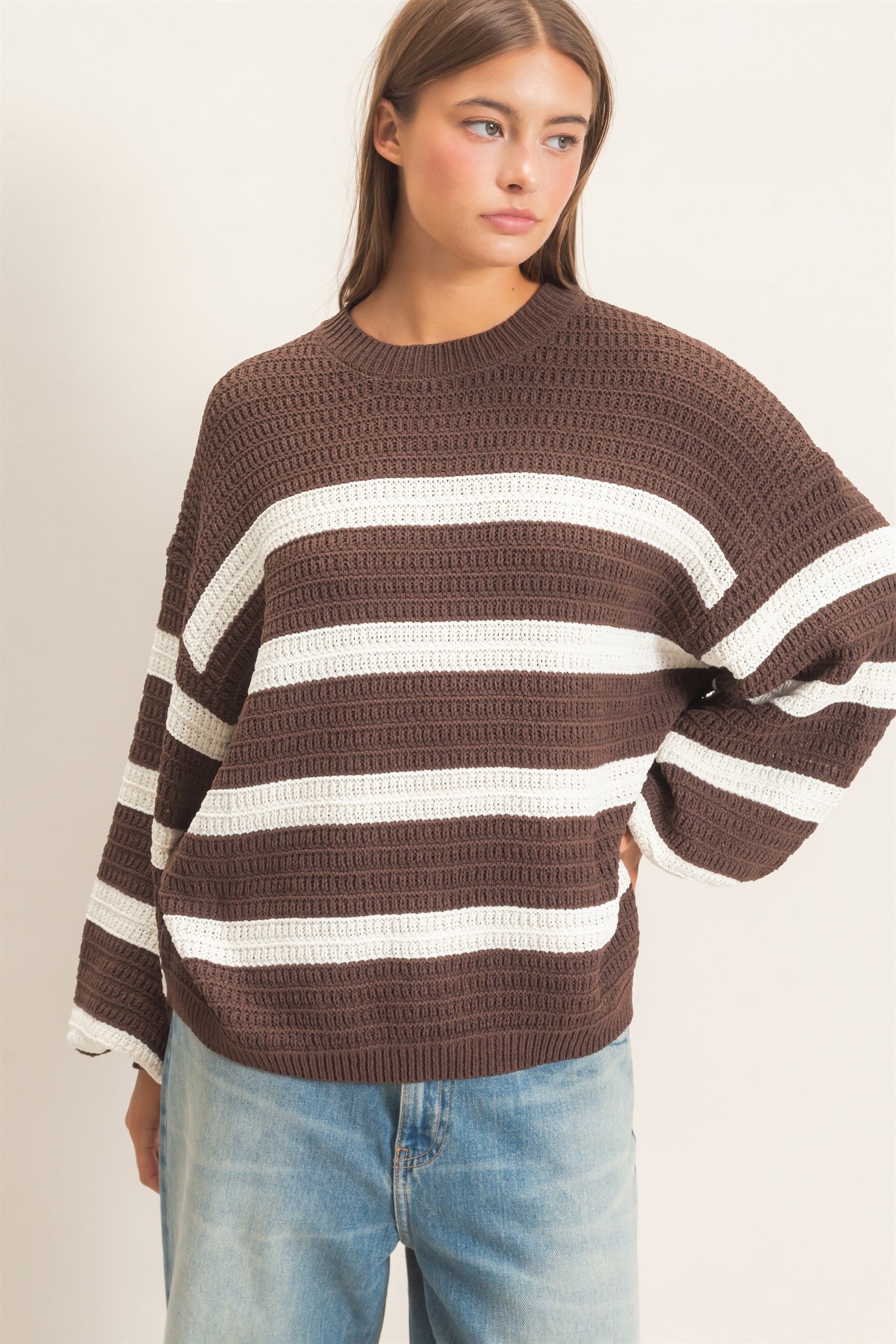 Wholesale Striped Oversized Sweater Sweaters DZ27A192 DARK BROWN DOUBLE ZERO