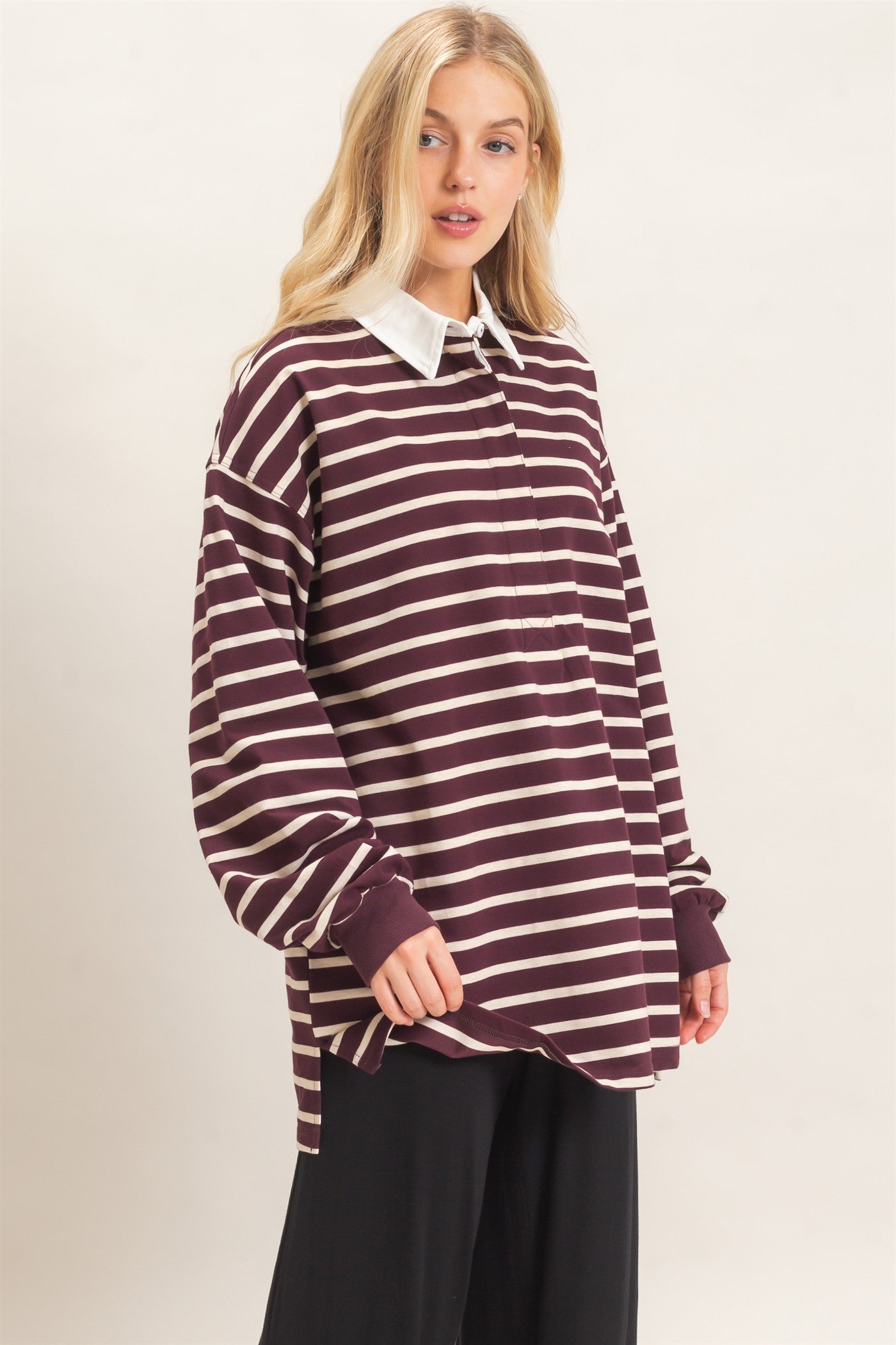 Wholesale Striped Polo Long Sleeve Top Clothing Tops HF26F078 RASPBERRY/ECRU HYFVE