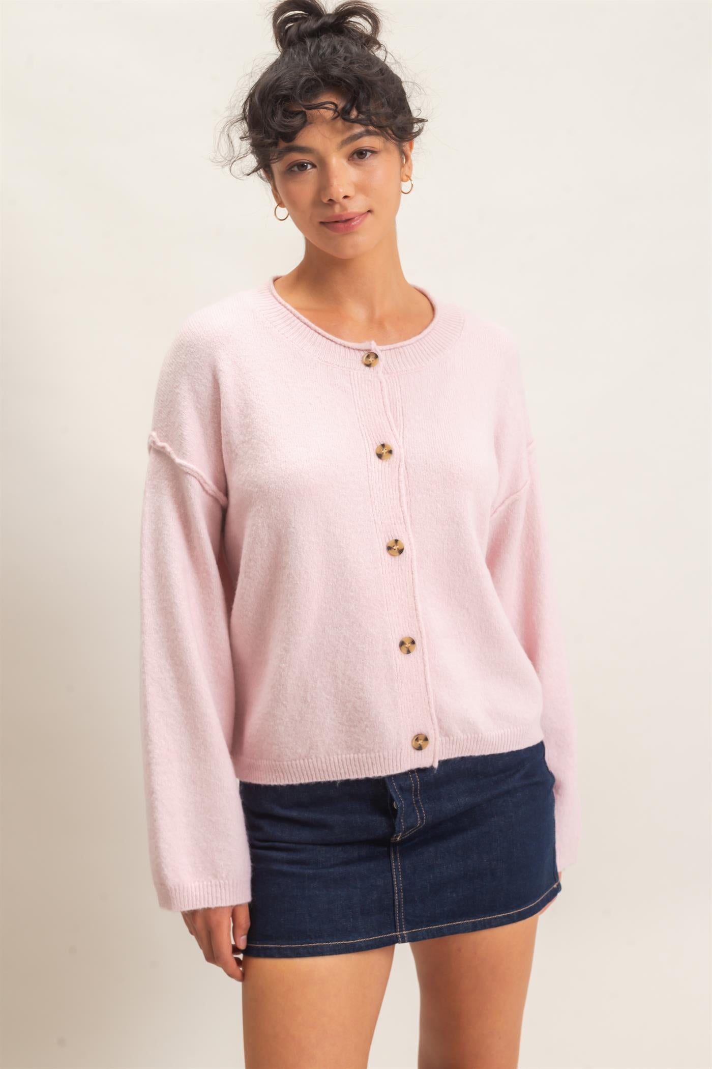 Wholesale Crew Neck Loose Fit Cardigan Cardigans DZ26E269 LIGHT PINK DOUBLE ZERO