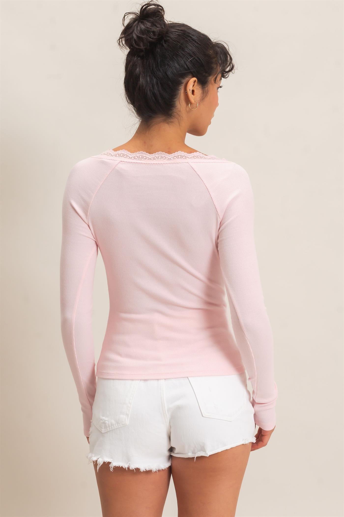 Wholesale Lace-Trim Henley Top Clothing Tops DZ26E325 LIGHT PINK DOUBLE ZERO