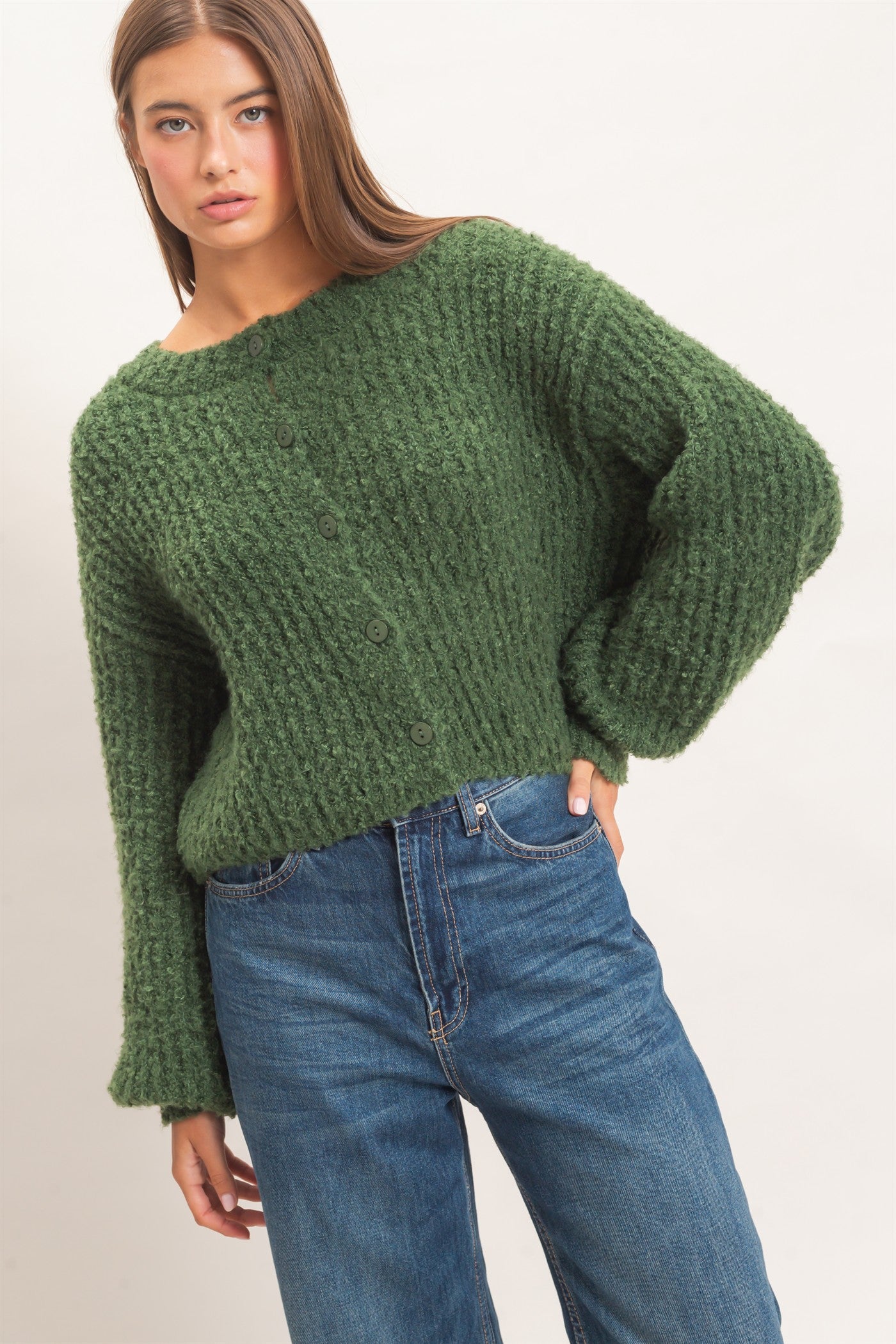 Wholesale Boucle Knit Button Front Cardigan Cardigans DZ26E270 DARK GREEN DOUBLE ZERO