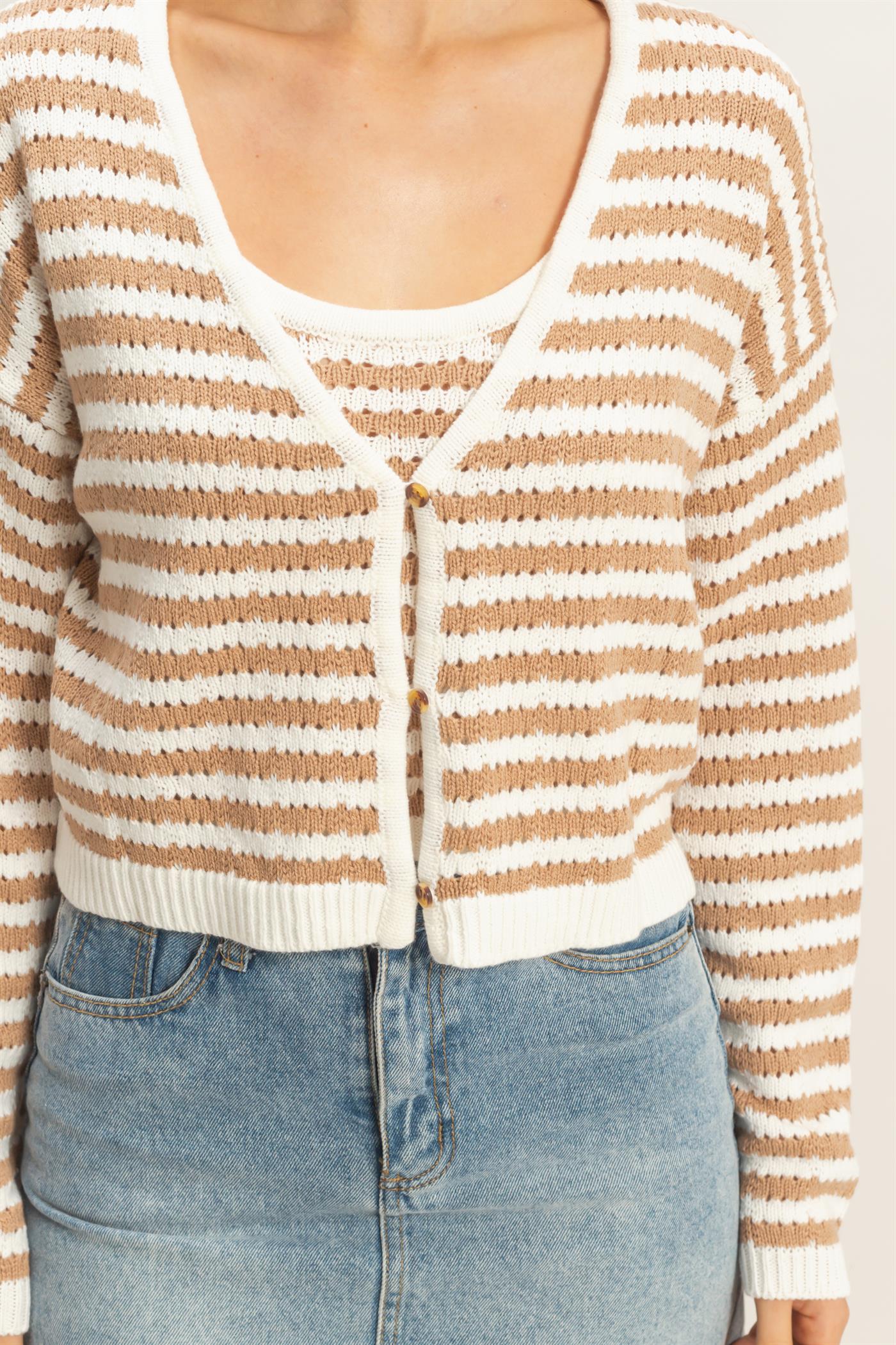 Wholesale Striped V-Neck Cardigan Cardigans HF26A174 TAUPE HYFVE