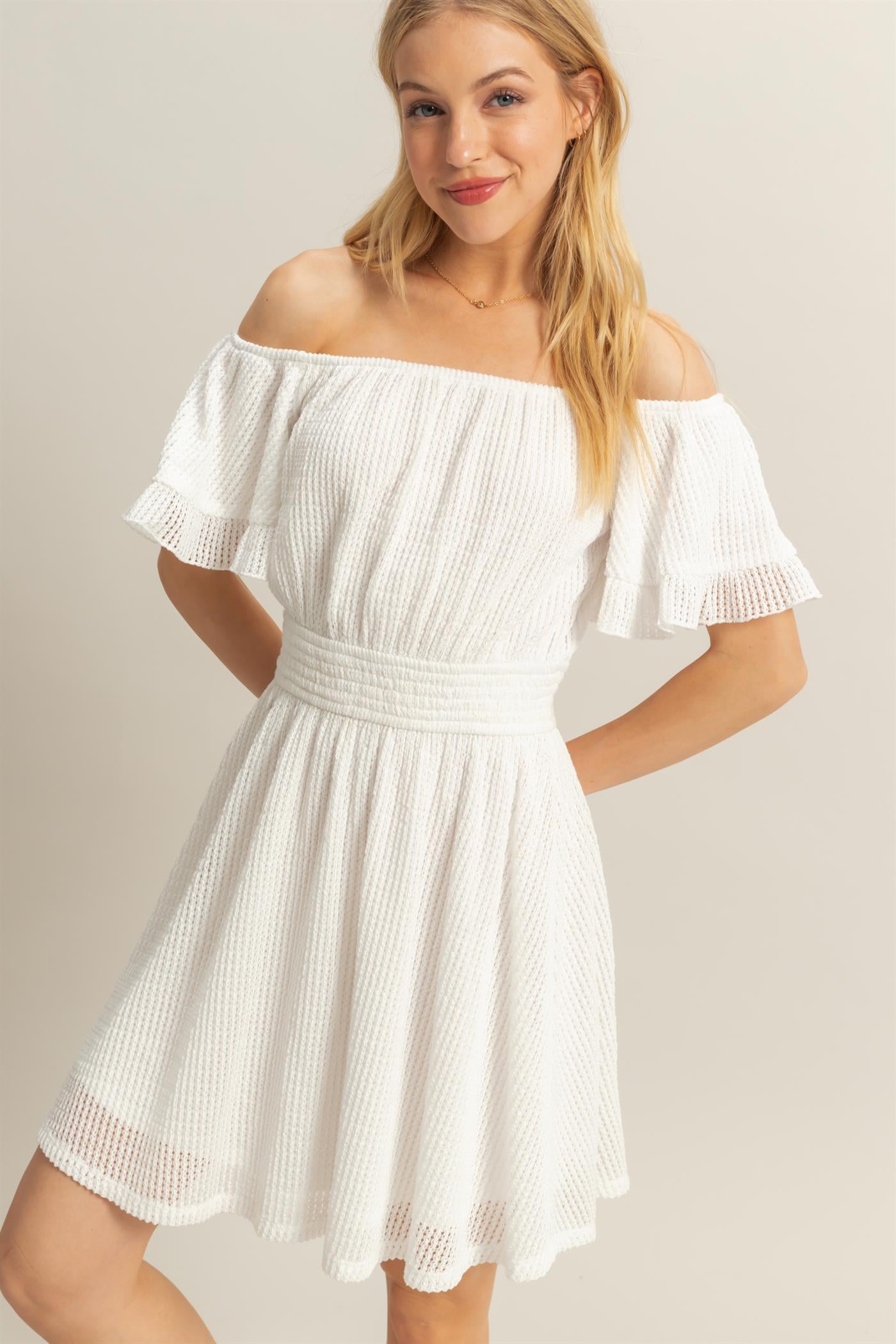 Wholesale Crochet Off-The-Shoulder Mini Dress Dresses HF25E125 WHITE HYFVE
