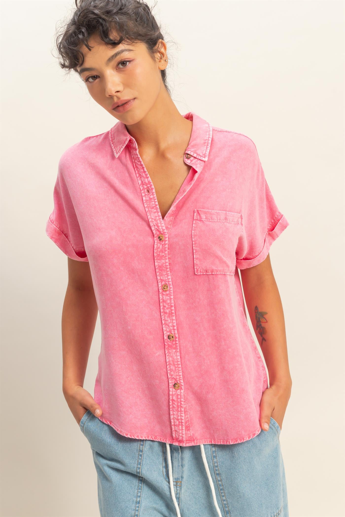 Wholesale Mineral Wash Button-Up Dolman Sleeve Shirt Shirts DZ26C132 TAFFY PINK DOUBLE ZERO