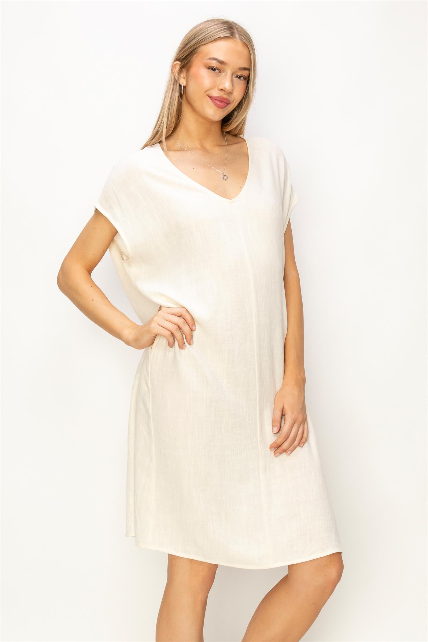 Wholesale V-Neck Oversized Linen Midi Dress Dresses DZ23E033-D CREAM DOUBLE ZERO