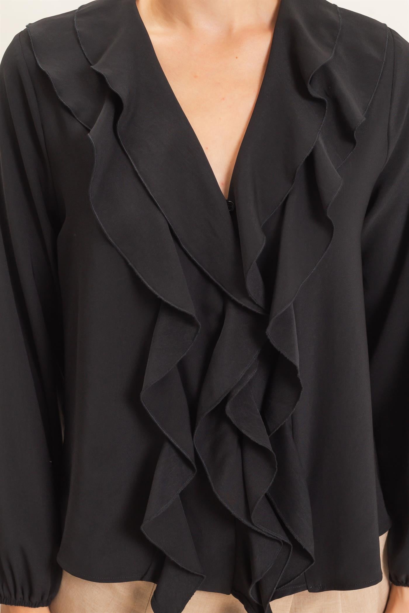 Wholesale Ruffled V-Neck Button-Up Blouse Blouses HF26C739 BLACK HYFVE
